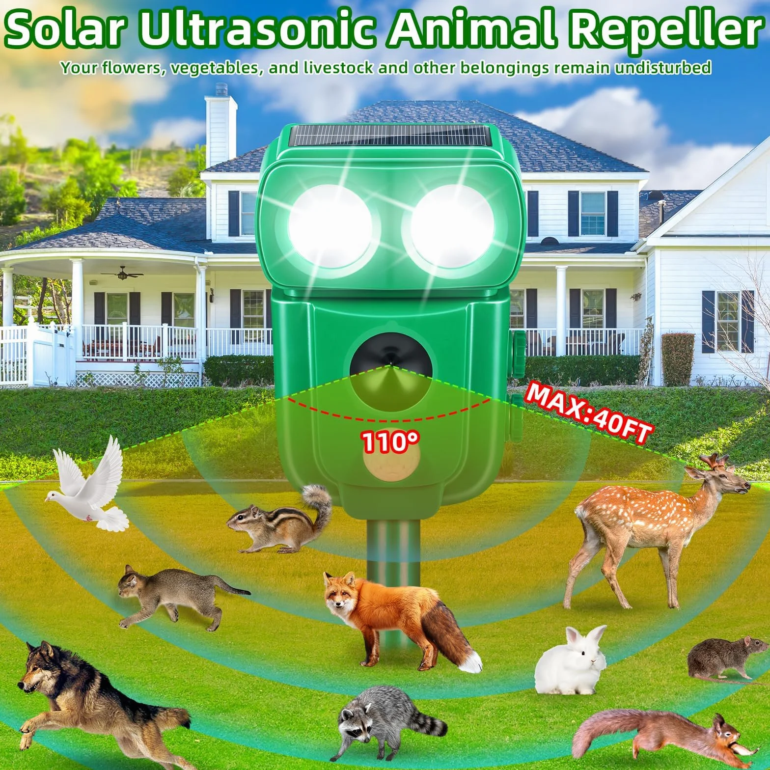 Répulsif pour chats à ultrasons solaire IP66 étanche fréquence réglable 5 modes