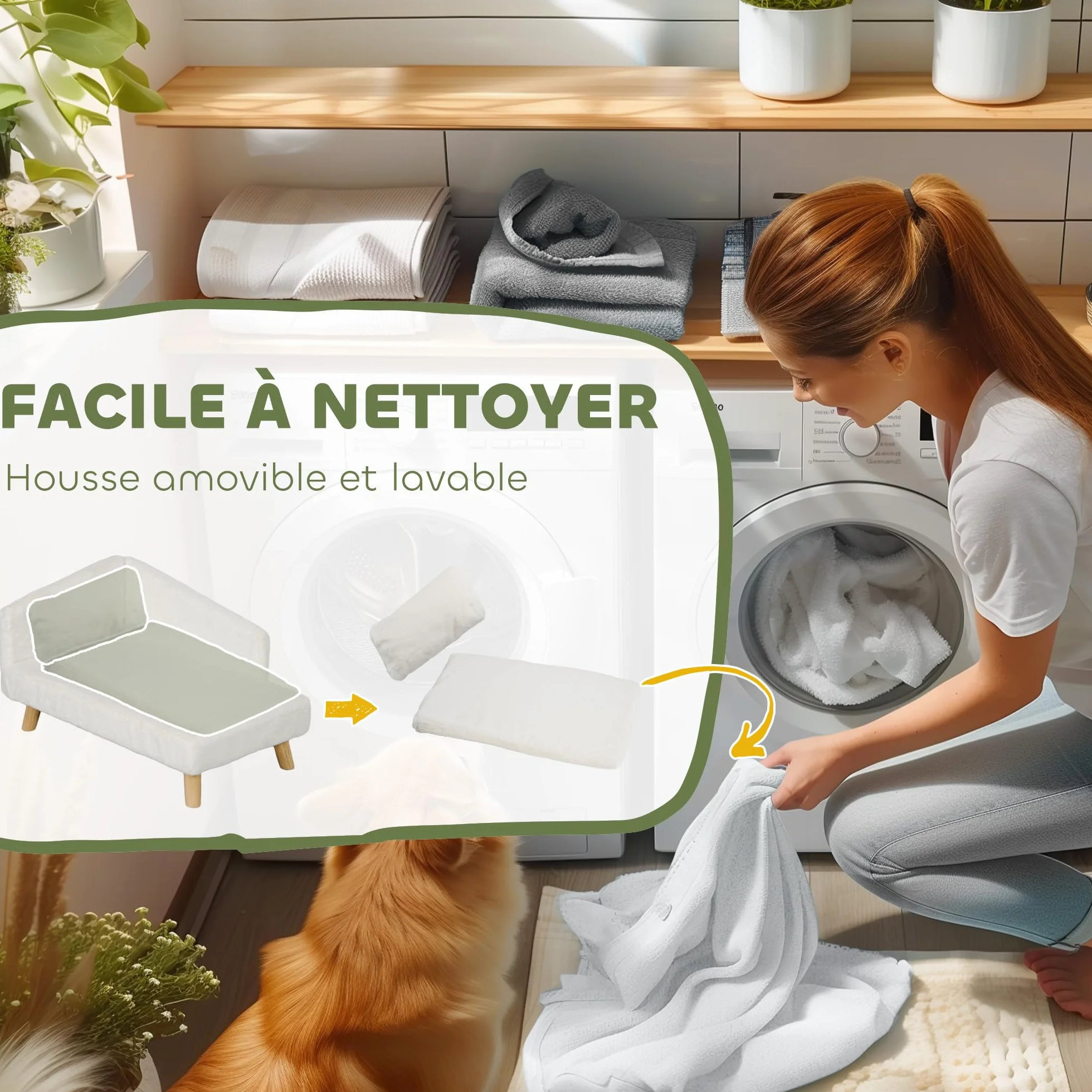 PawHut Canapé pour Chien Lit pour Chien Chat avec Coussin Moelleux Oreiller Housses Amovibles Lavables Peluche 70 x 42,5 x 38,5 cm Crème