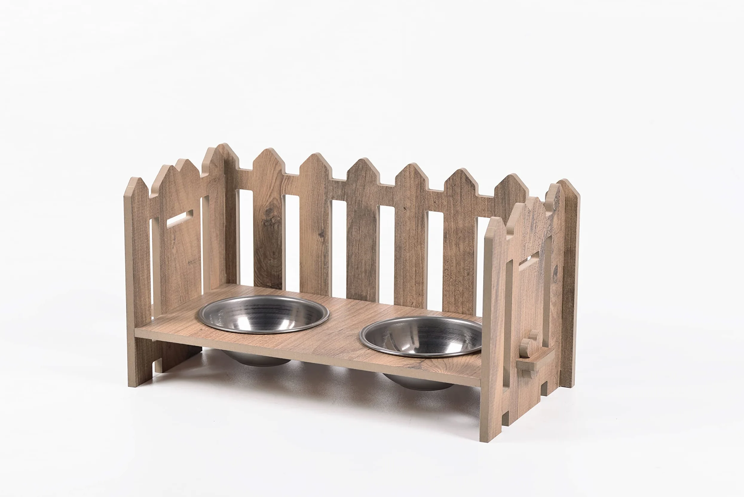 Lot de 2 supports en bois avec gamelles en céramique pour animaux domestiques et chats - Style clôture - Double gamelle en acier inoxydable