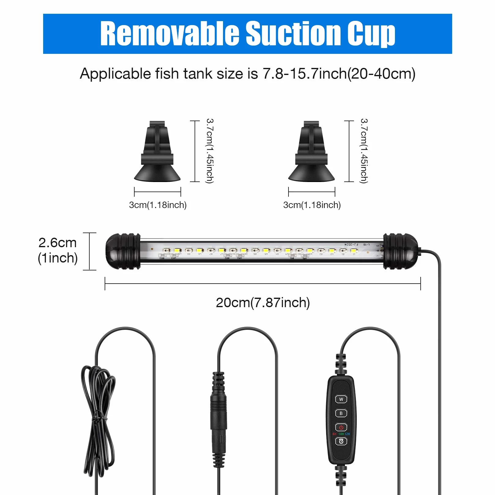 Lampe d'aquarium LED Submersible avec Minuterie Automatique, Éclairage Bleu et Blanc Changeant de Couleur 20-40cm