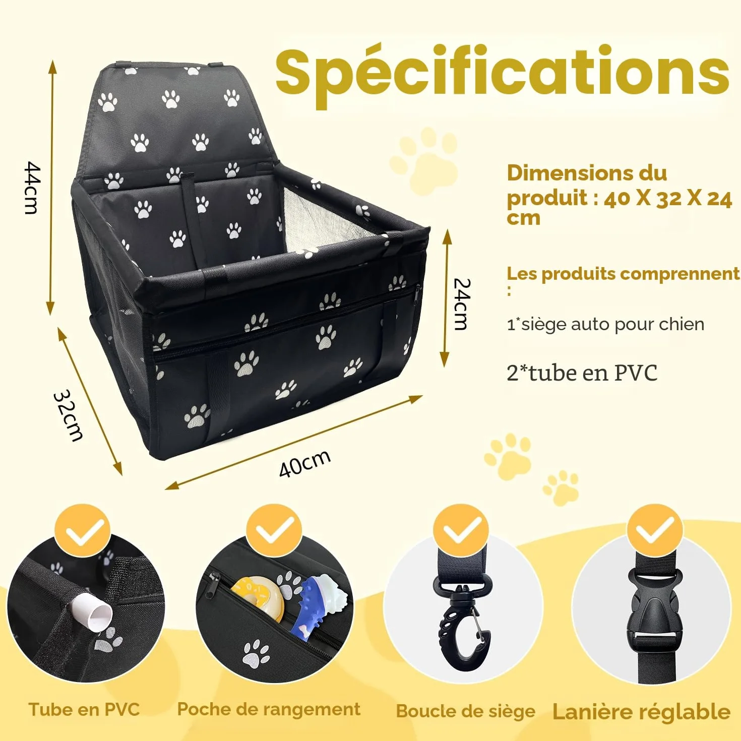 Panier Chien Voiture Pliable Siège Auto Chien Fixation Crochets Réglables Respirant Lavable 10 kg