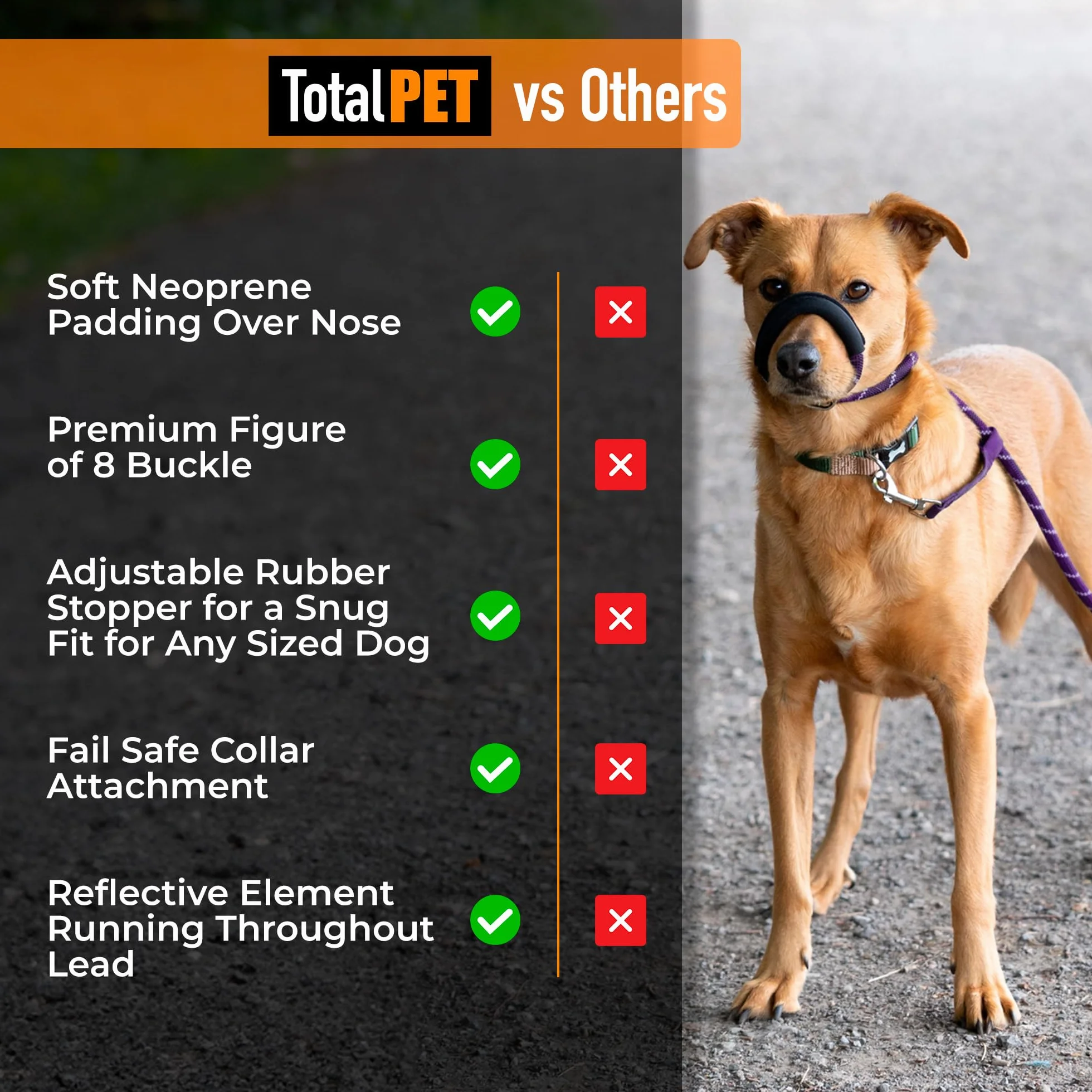 Laisse pour chien violette en figure de 8 Anti-tirage coulissante en corde avec support nasal rembourré Moyen/Grand