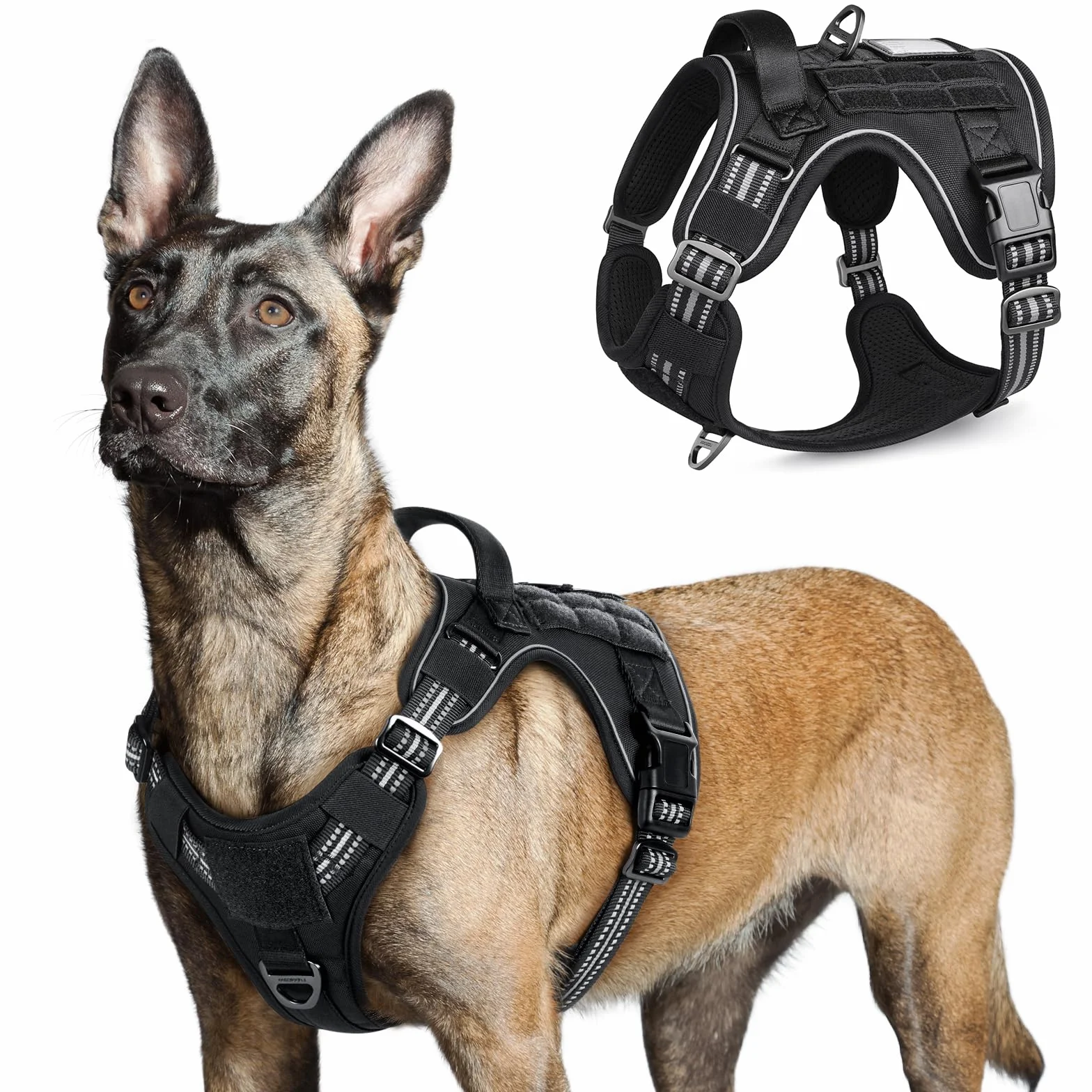 Rabbitgoo Harnais Chien Anti Traction Tactique Réfléchissant Réglable avec Poignée et Anneaux, Gilet Solide Facile à Mettre, Noir, L