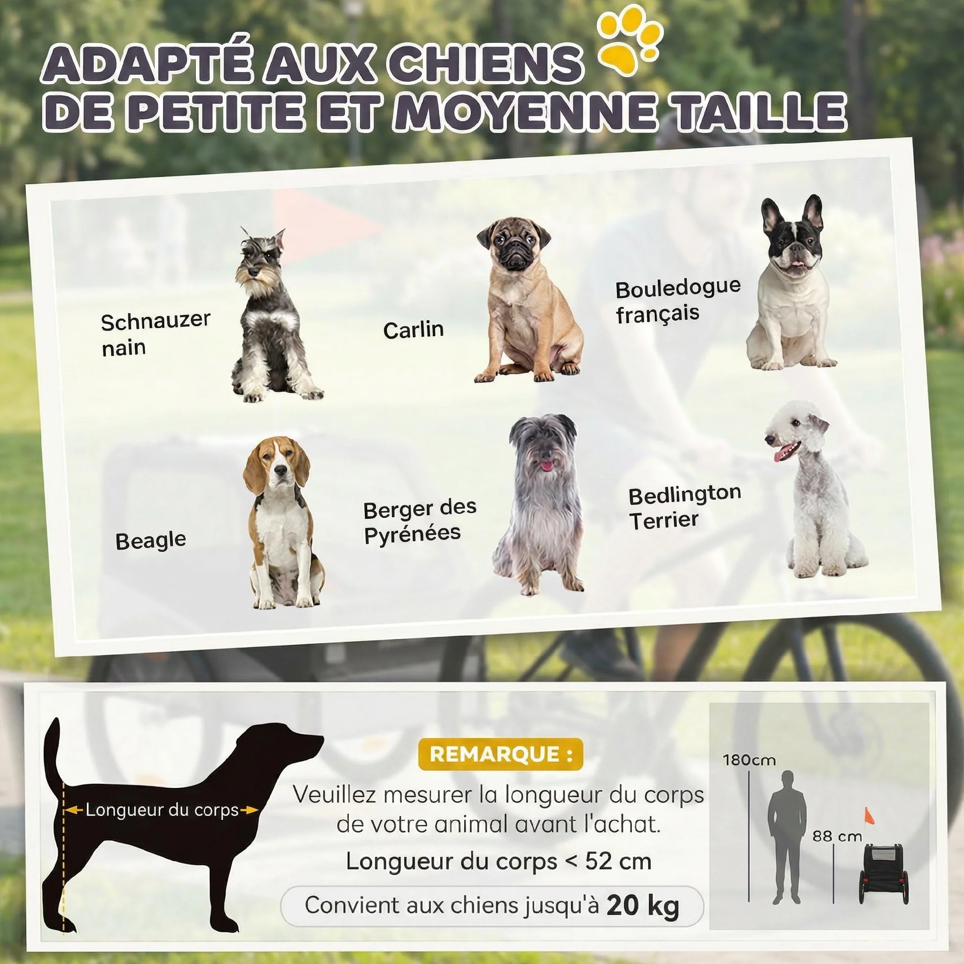 PawHut Remorque Vélo Chien avec Pneus 20" en Caoutchouc à Dégagement Rapide, Chariot pour Chien Moyen avec Attache Universelle, Réflecteurs, Drapeau, Laisse, Charge 20 kg, Gris et Noir
