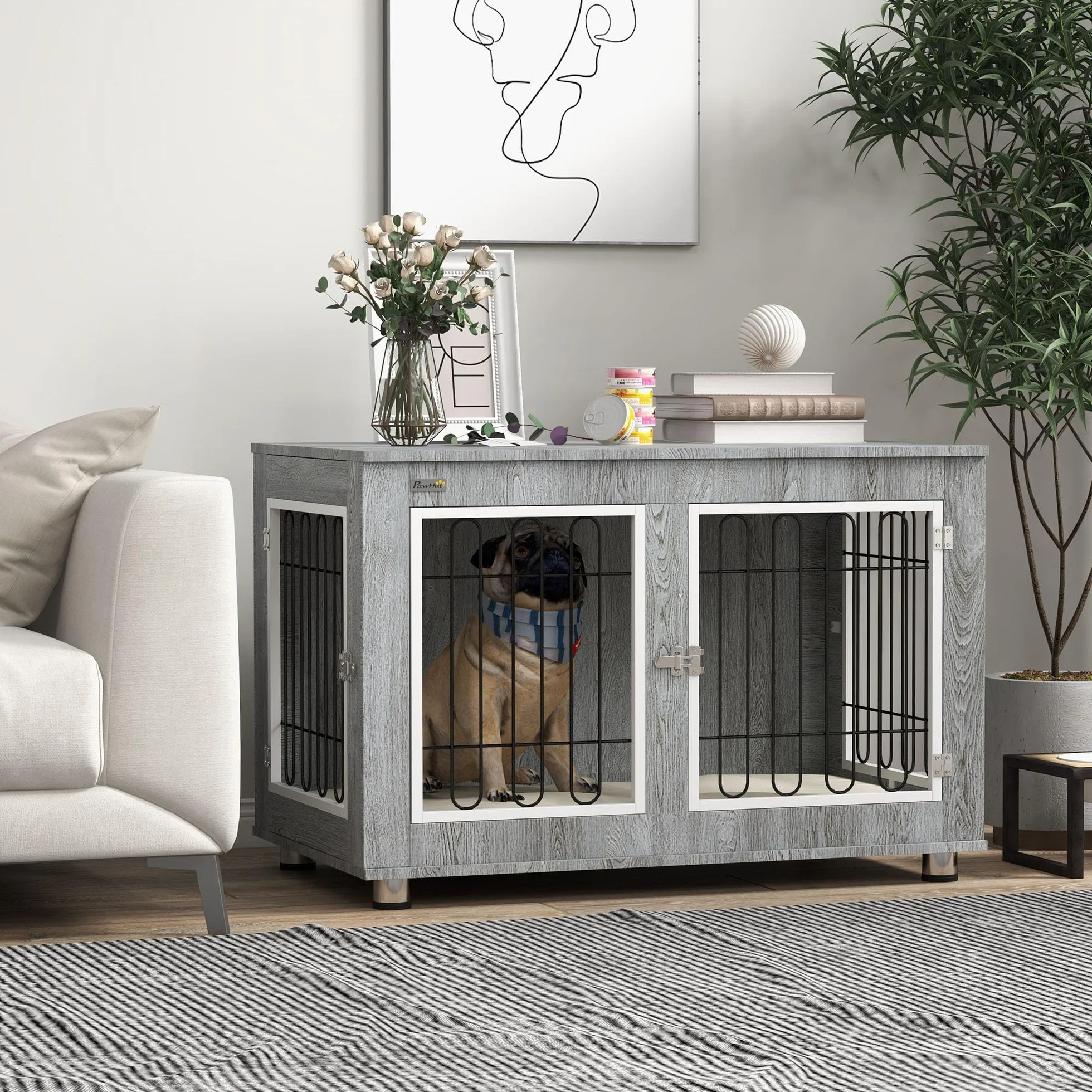 PawHut Cage pour Chien Meuble Table d'appoint Double Porte Coussin Niche Chien Moyenne Grande Taille 90 x 58 x 65 cm Gris