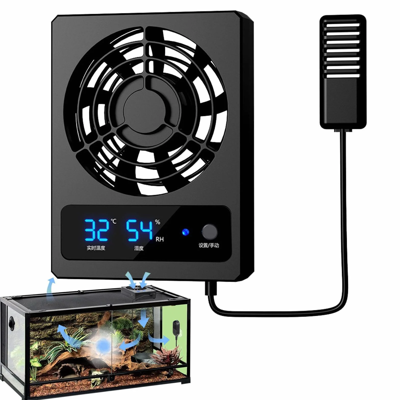 Fan de reptile - Gauge d'humidité du reptile intelligent avec affichage LED | Ventilateur de refroidissement, ventilateur de ventilation pour les serpents, terrarium de forêt tropical