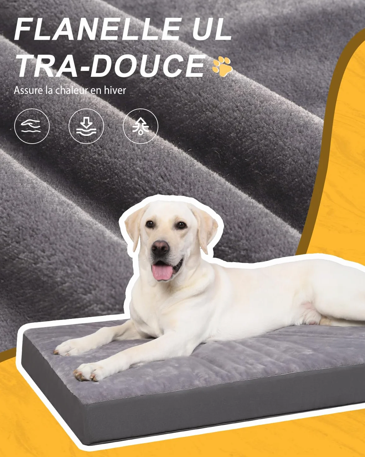 Panier Coussin Chien Dehoussable Lavable XL, Grande Taille Lit pour Chien Orthopédique, Tapis Matelas, Fond Antidérapant, Gris, 104x68x8cm