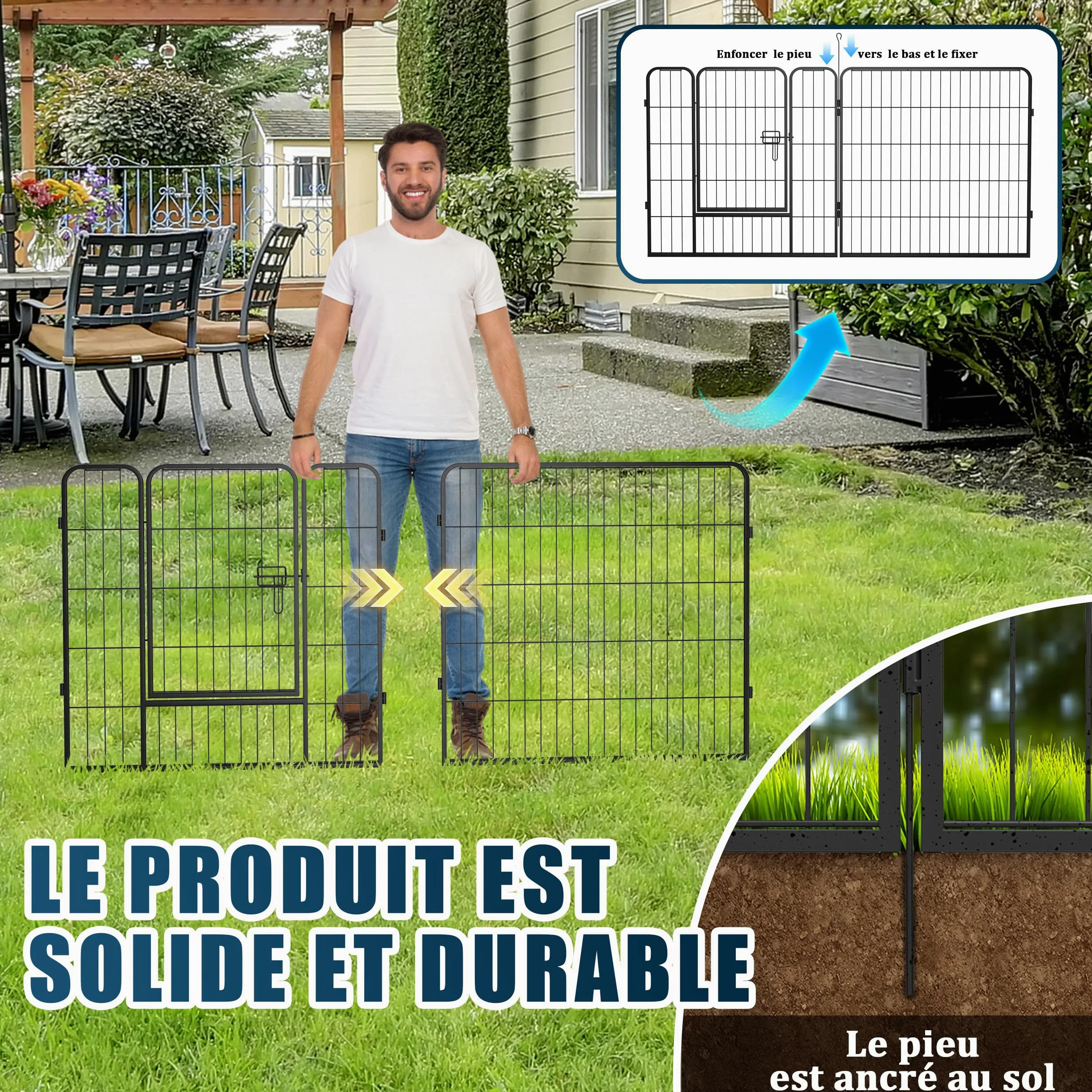 Parc pour Chien Enclos 8 Panneaux Chiot Petit Exterieur/Interieur pour Animaux de Compagnie 80 x 60 cm Noir