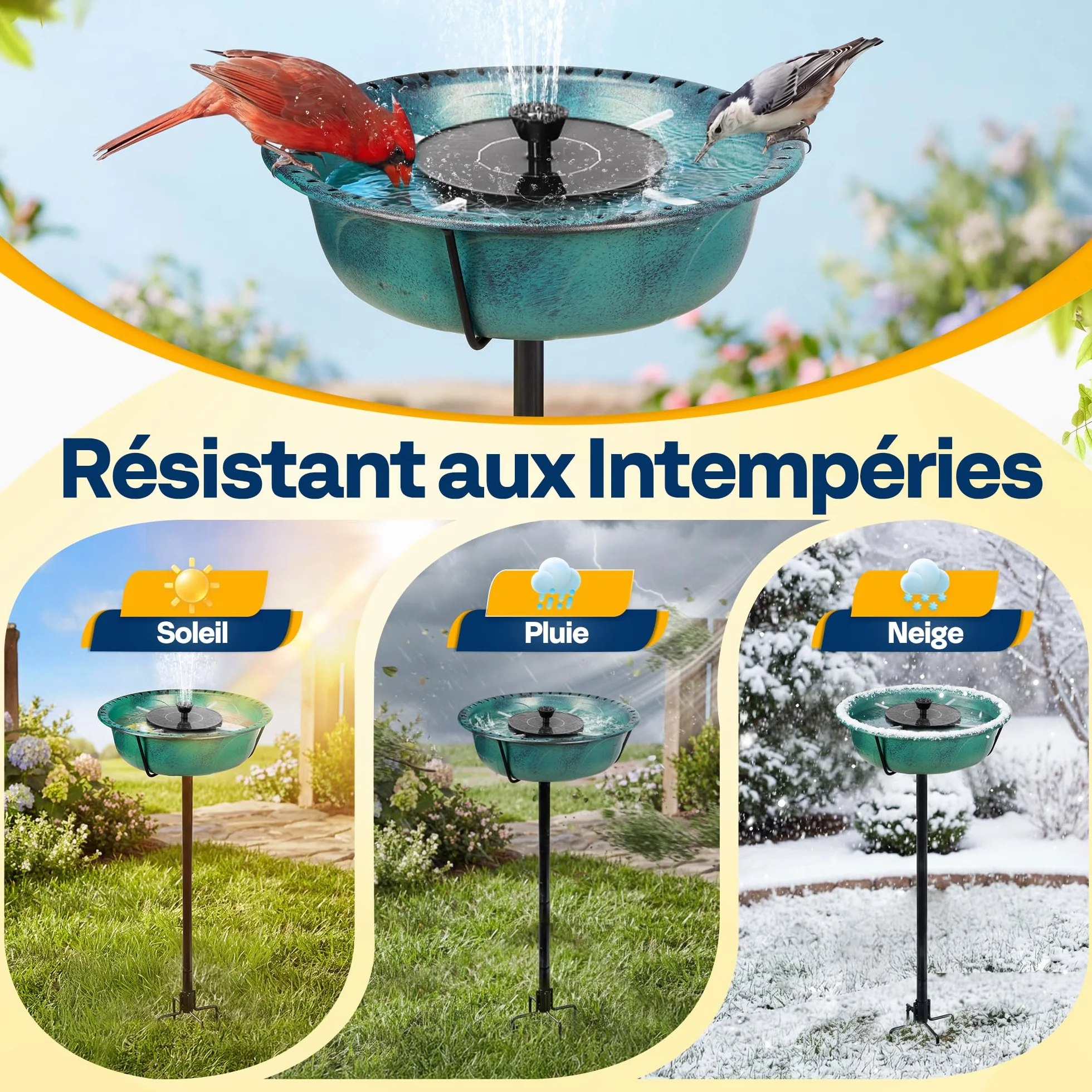 VIVOHOME Fontaine Solaire pour Bain d'oiseaux en Polyresine 74cm Mangeoire Extérieure sur Pied avec Tige en Métal