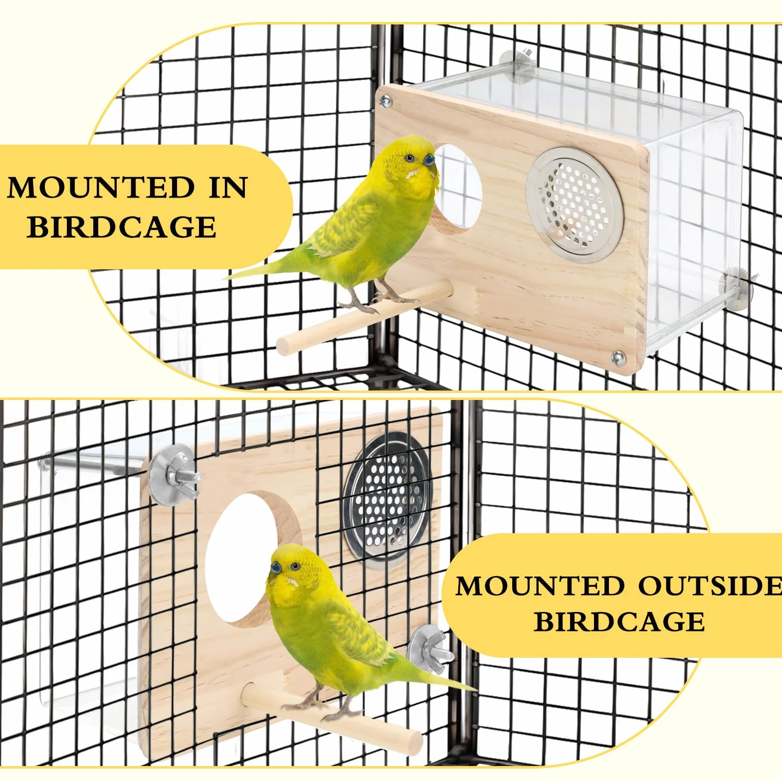 Nichoir pour cage à perruches en PET transparent - Accessoire pour canaris, inséparables, perroquets - Avec perchoir en bois (taille S)