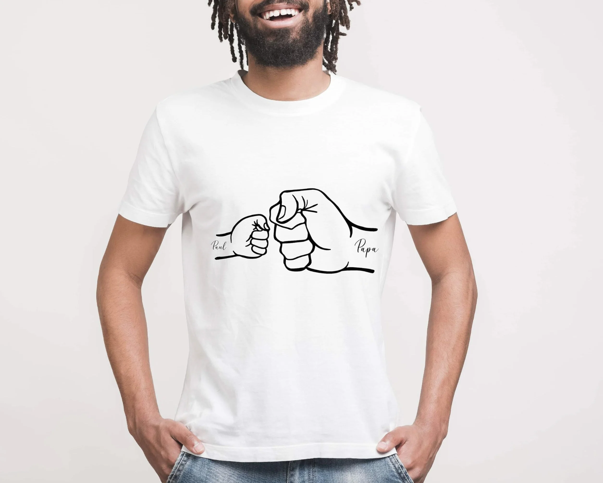 T-shirt Blanc Papa Poing Enfants Imprimés Personnalisé Prénoms Fête des Pères S M L XL XXL