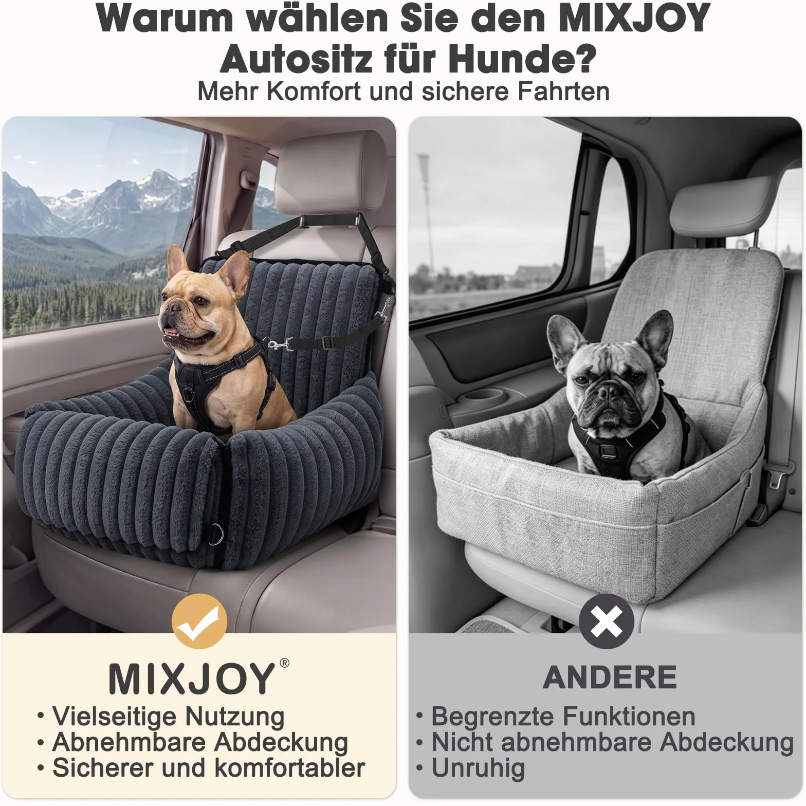 MIXJOY Siège Auto pour Chien Amovible Laisse Lavable Mousse à mémoire de Forme Gris
