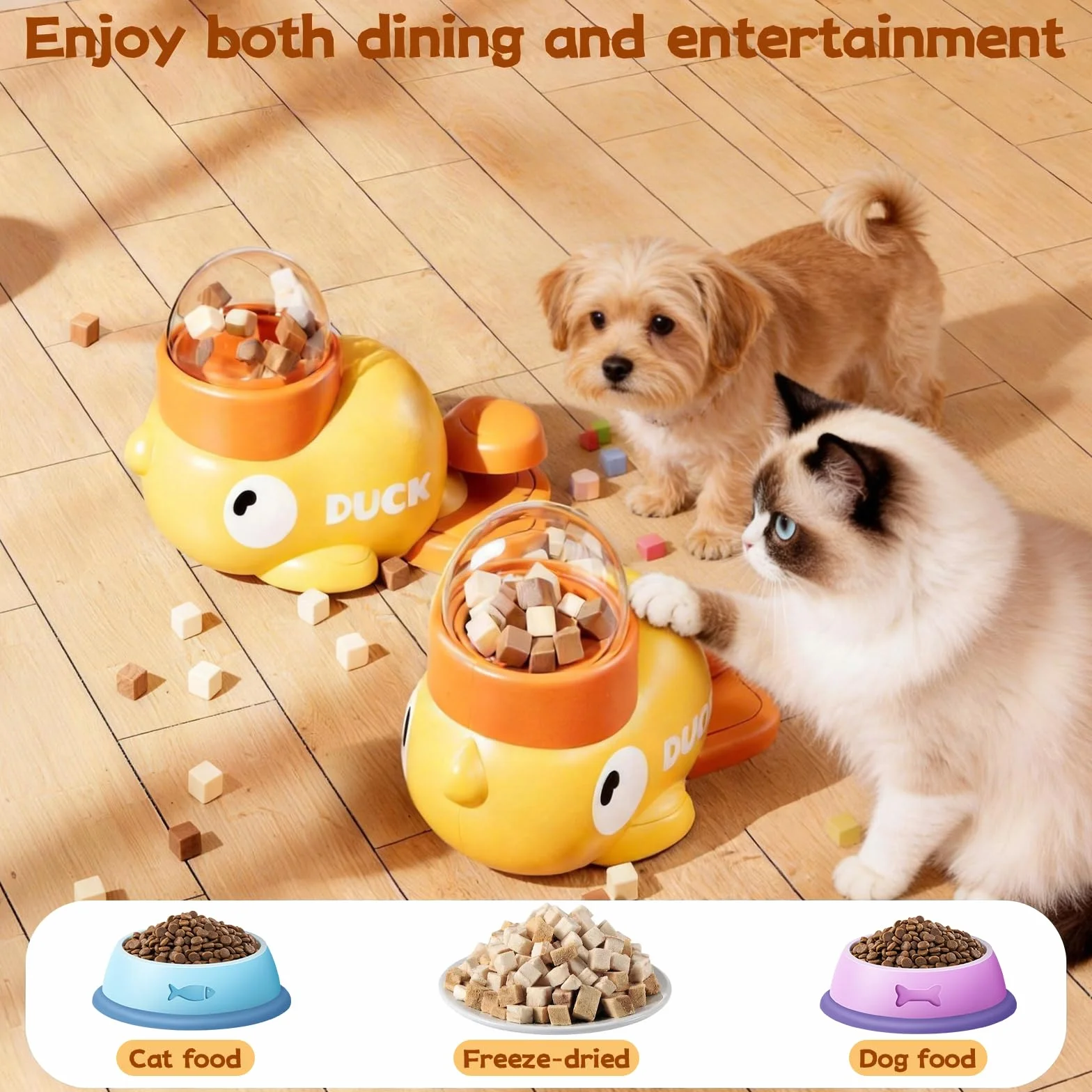Distributeur Croquettes Chat Canard Jaune 2 en 1 avec 3 Couvercles Jouet Interactif Chien
