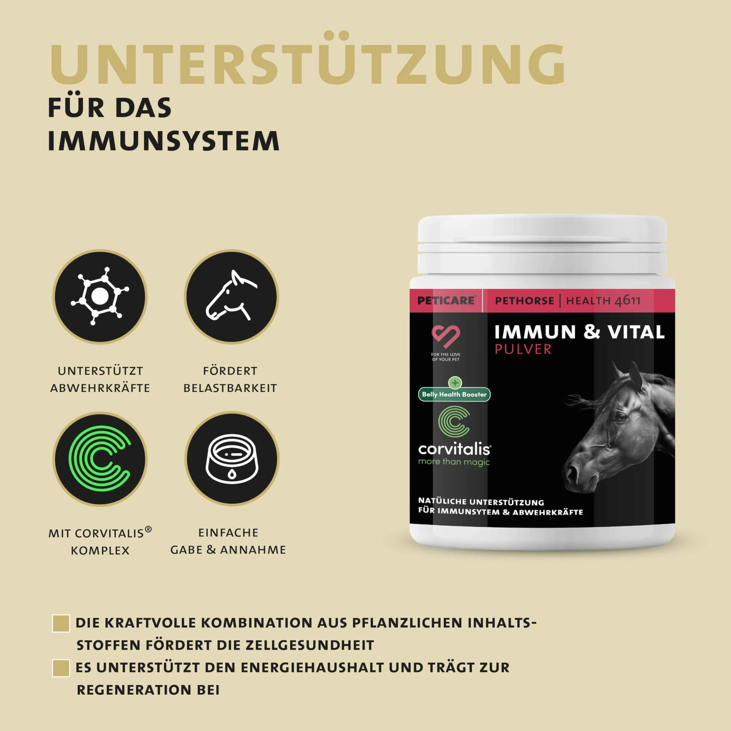 Peticare Poudre Immunité & Vitalité pour Chevaux avec Ginseng, échinacée & polyphénols Complément Naturel