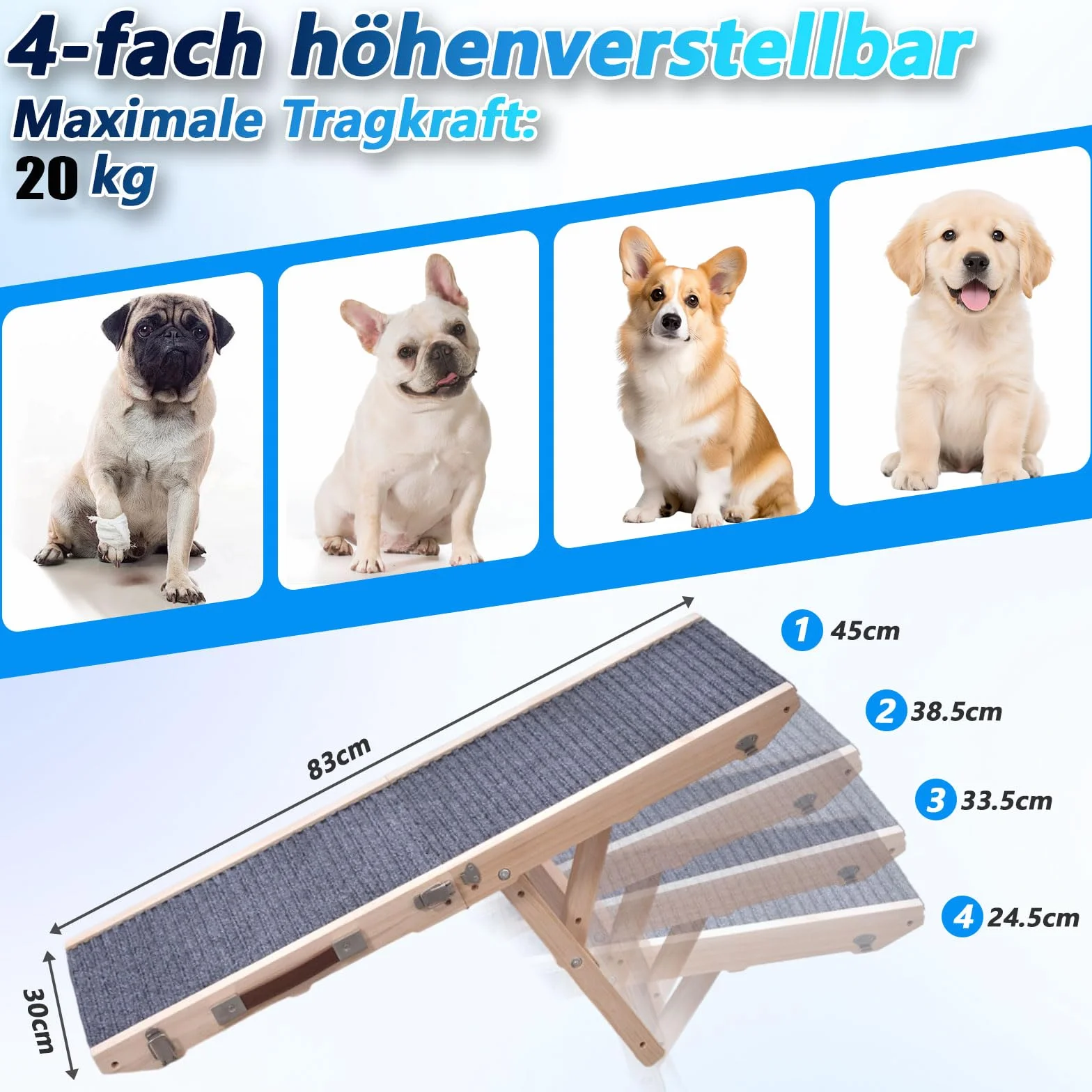 Rampe pour chien en bois, Escalier pour chien 4 marches Réglable de 24,5 cm à 45 cm, Rampe pour chien avec coussin antidérapant pour canapé, voiture, lit, Rampes pour chien pliables pour