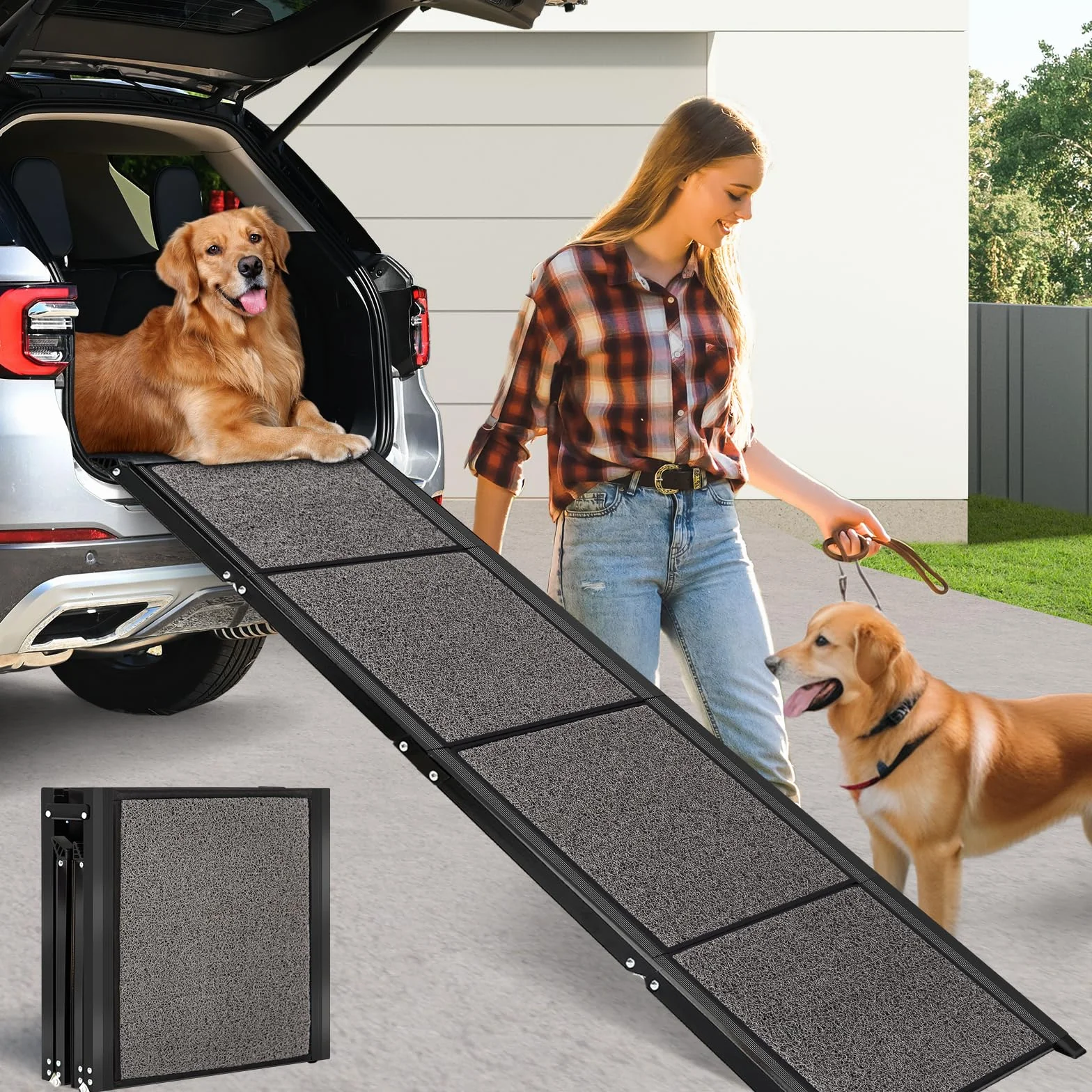 Rampe pour Chien Voiture Pliable Extra Longue 175cm, Rampes D'Accès Voiture pour Chien avec Surface Antidérapante, Échelle De Voiture Pliante Escalier pour Grands Chiens, Supporter Un Poids De 115kg