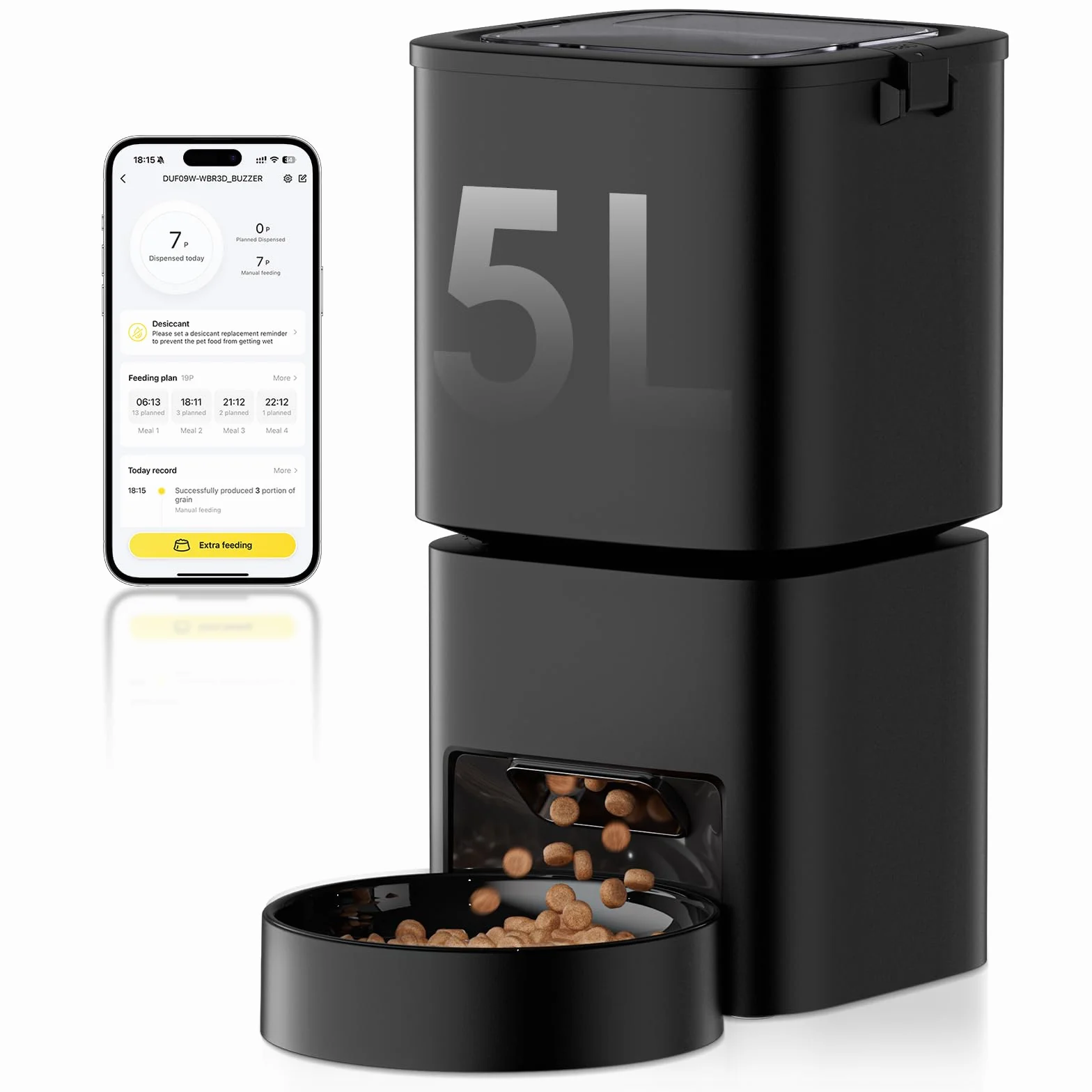 Distributeur Croquettes Chat Automatique WiFi 5G 2.4G 5 L Contrôle App 10 Repas/Jour Noir