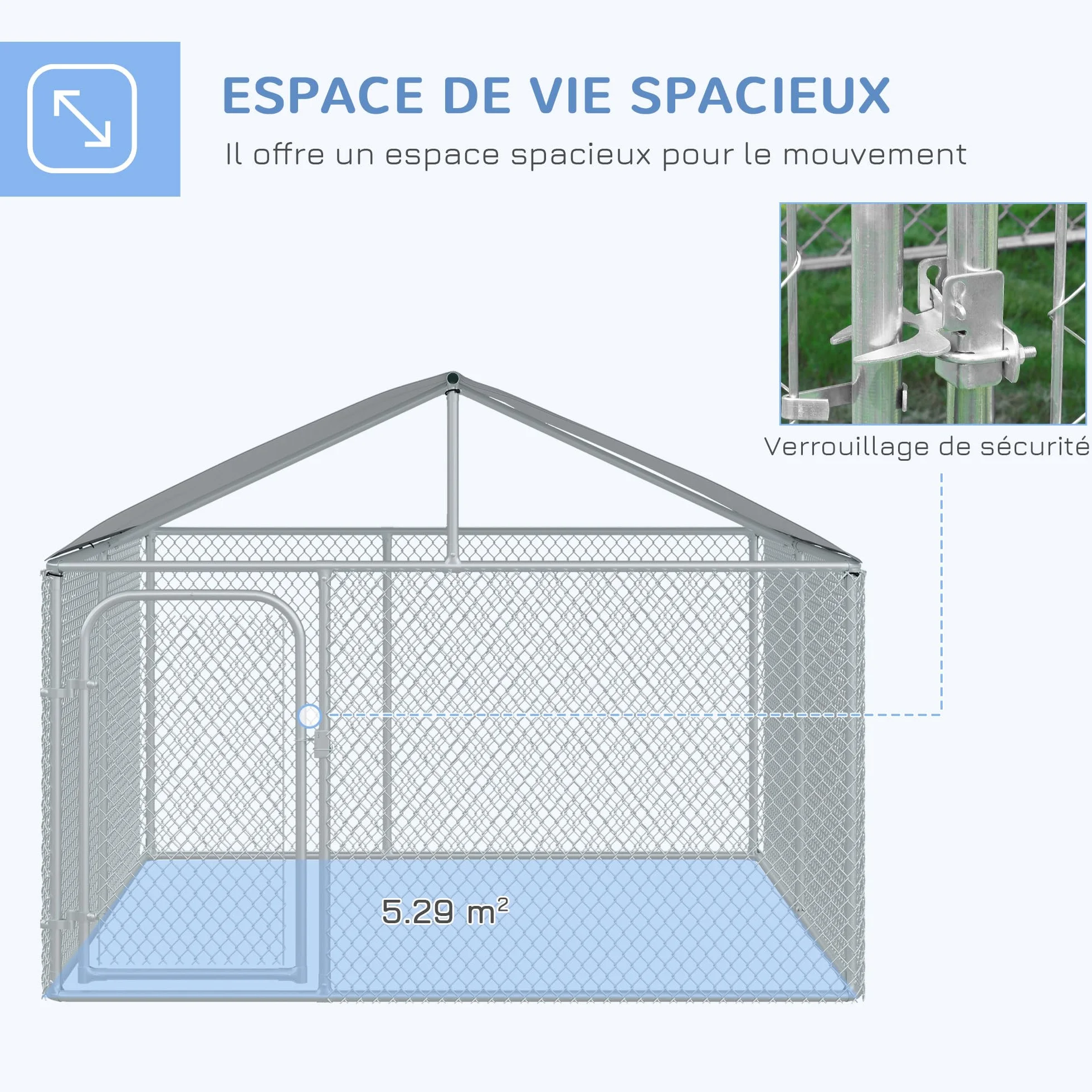 PawHut Chenil extérieur avec Toit pour Chien 5 m² - Parc grillagé 230 x 230 x 175 cm - Acier galvanisé