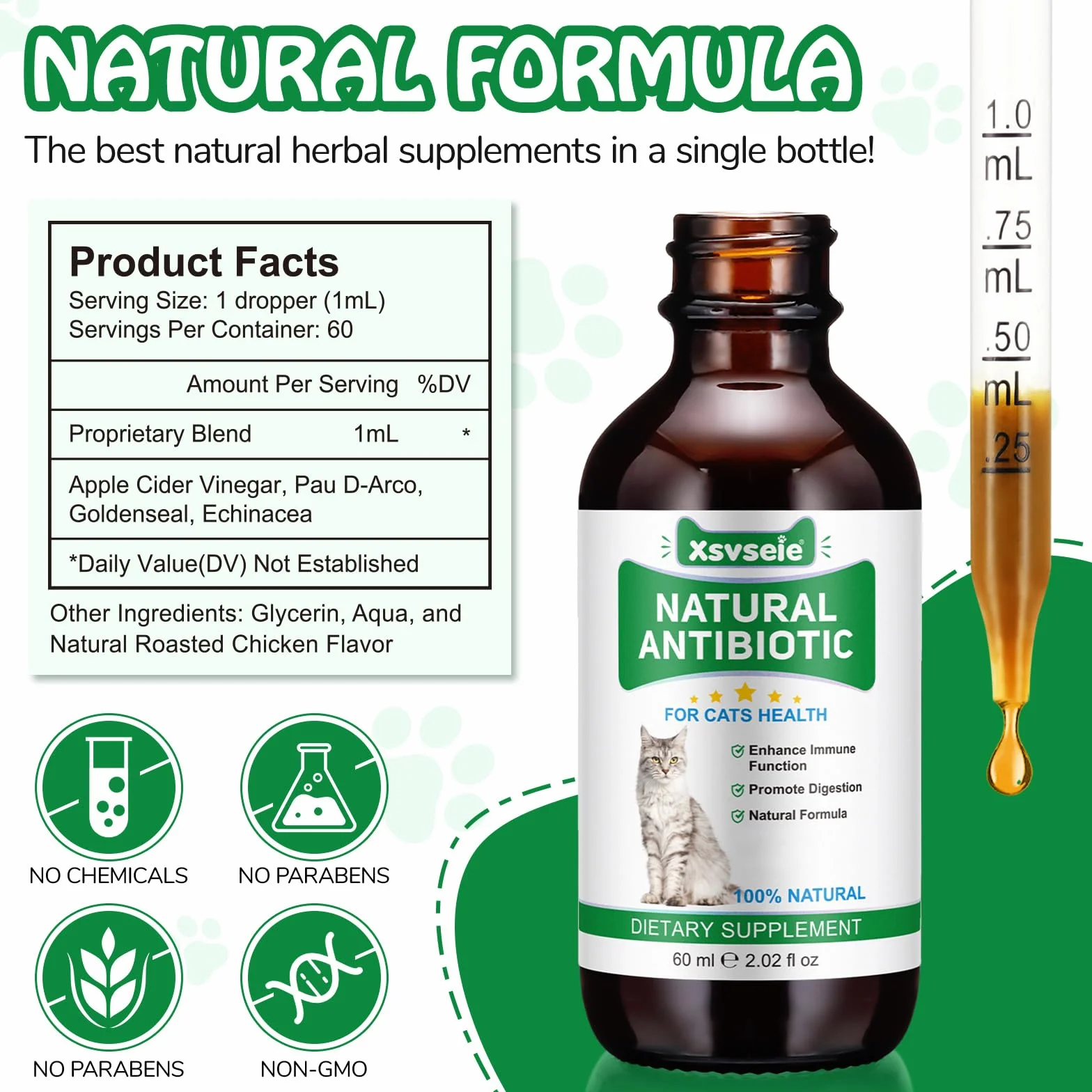 Antibiotiques naturels pour Chats, Soutien Immune & Allergy Itch Relief, 60 ML