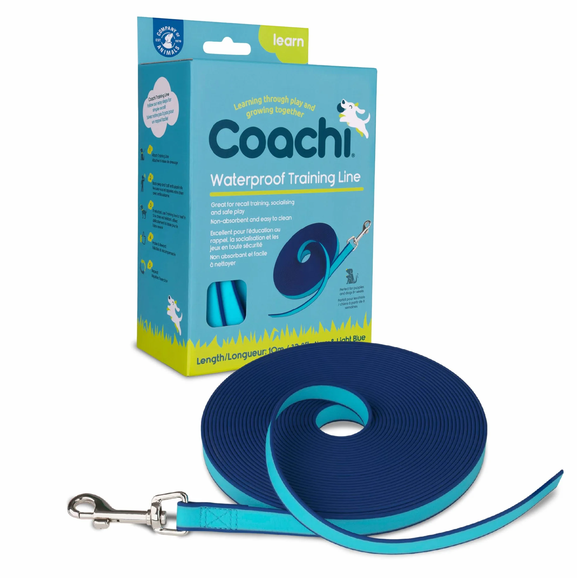 Training Line 10m Coachi imperméable Dressage en extérieur pour Moyens et Grands Chiens
