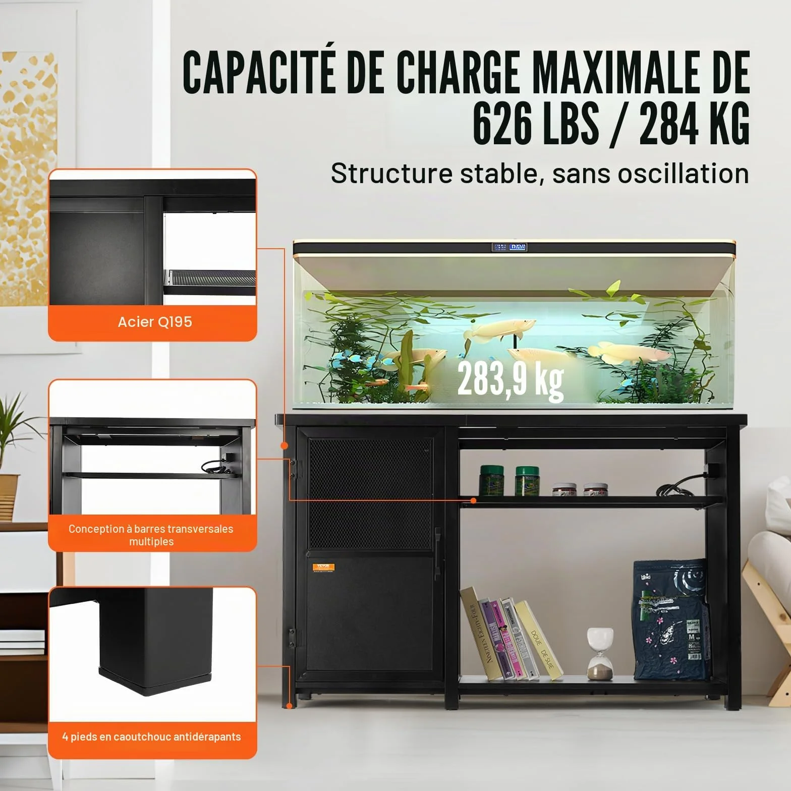 VEVOR Meuble pour Aquarium Charge 284 kg 132x50x82 cm Acier MDF avec Armoire Rangement Prise Électrique
