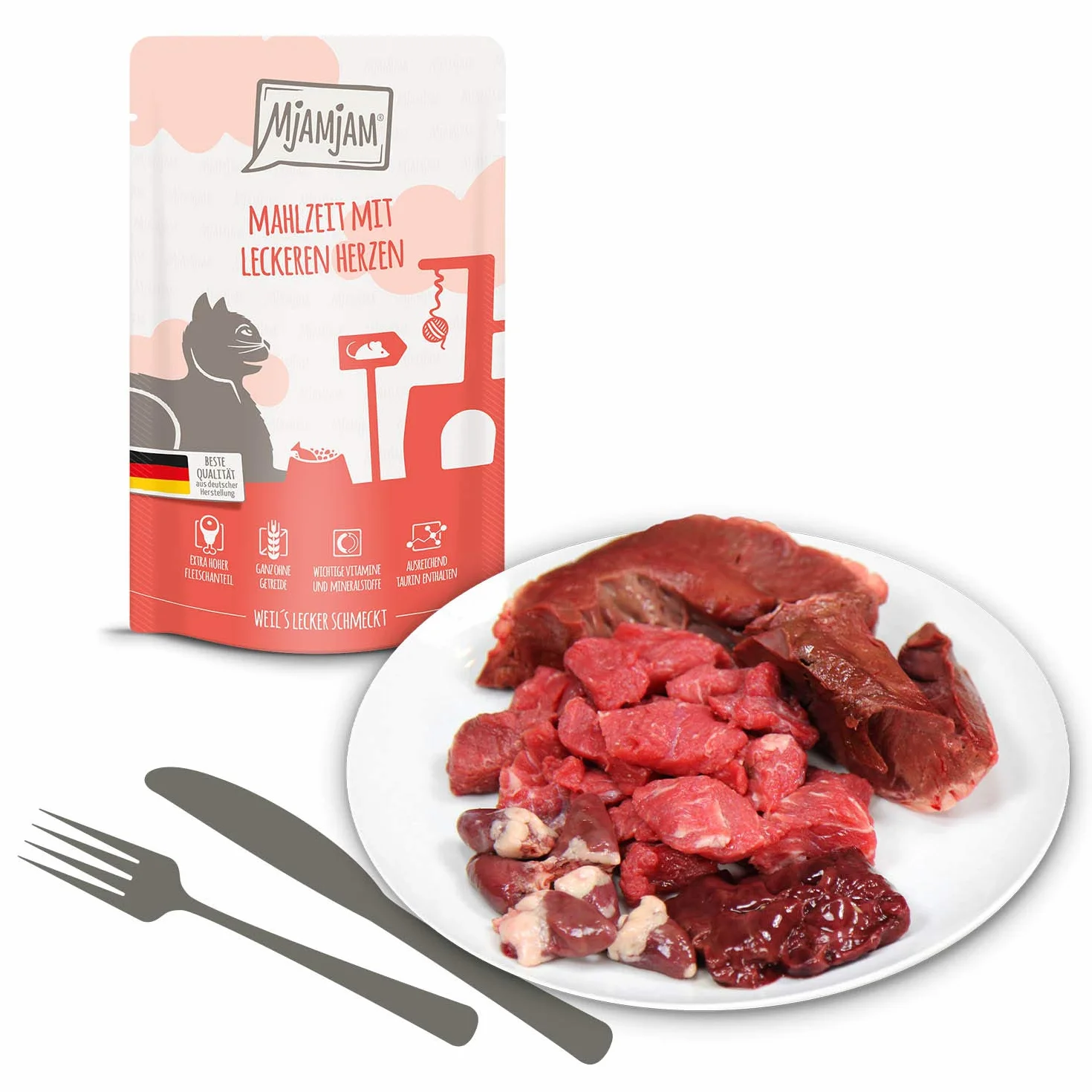 MjAMjAM nourriture humide pour chats emballage mixte poulet bœuf cœurs 12 x 125 g sans céréales