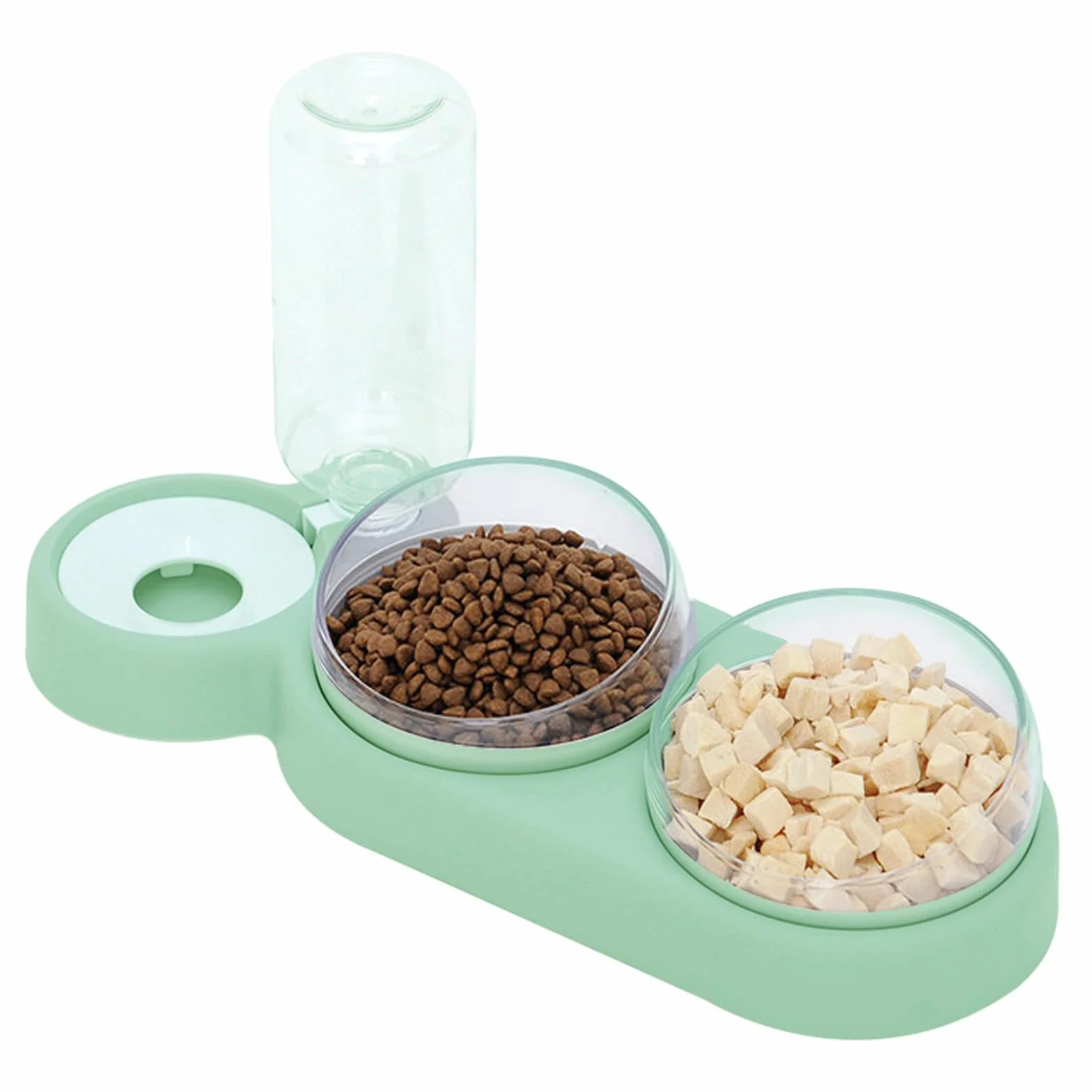 Double Gamelle Chat Surélevée Inclinable 15° Bol Anti-Vomissements 3-en-1 Stockage d'Eau Automatique Vert