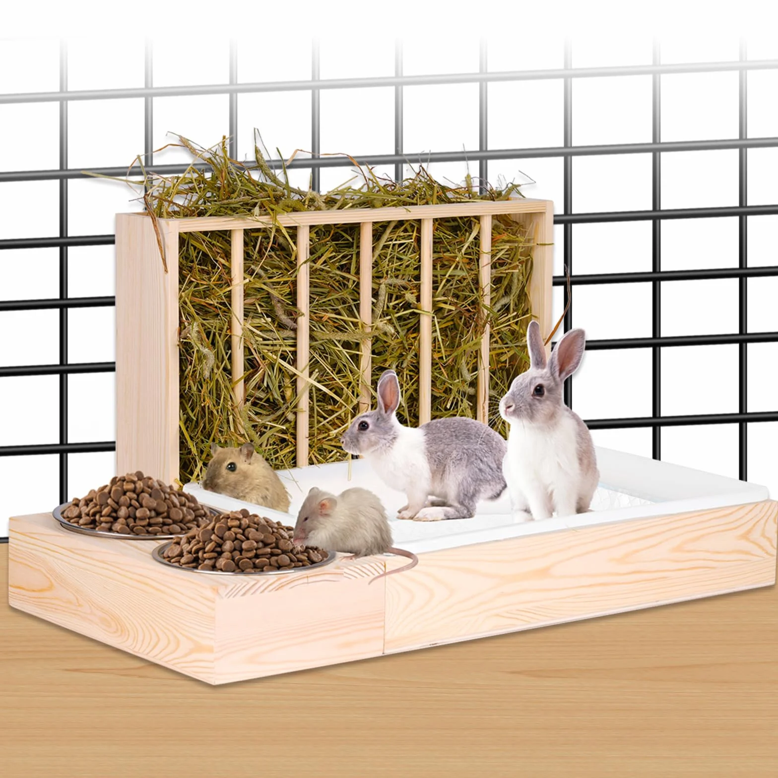 Mangeoire à foin 3 en 1 pour lapin avec bac à litière et bols en bois - pour petits animaux