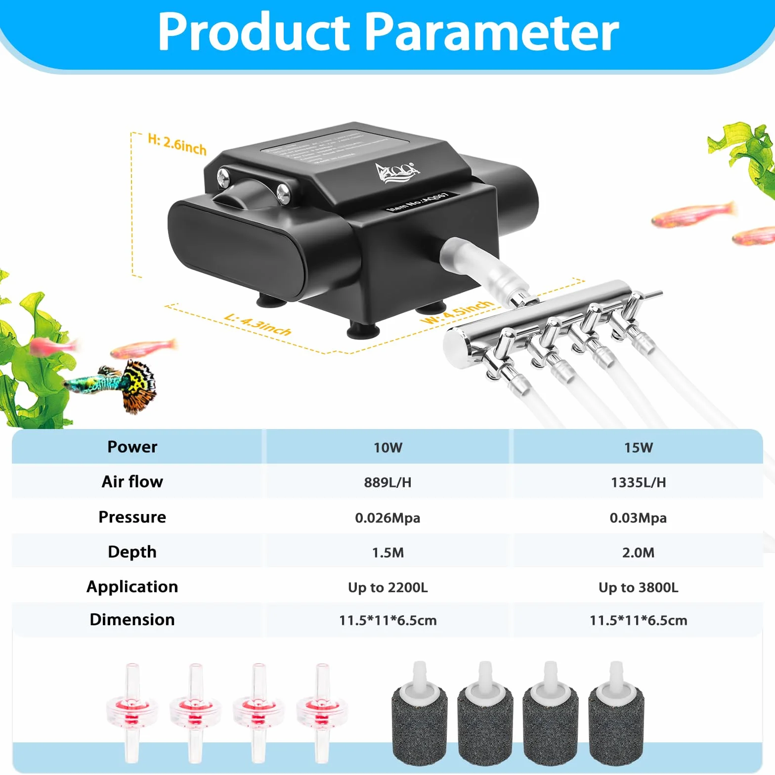 AQQA Pompe à air pour aquarium 4 sorties puissantes bassin extérieur réglable oxygène avec accessoires