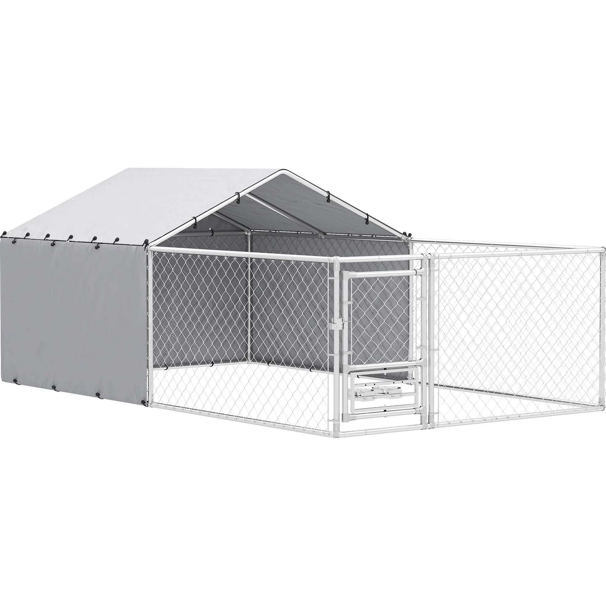 PawHut chenil clôture pour chiens extérieur avec toit anti-UV imperméable bols rotatifs boîte rangement porte verrouillage acier 400 cm