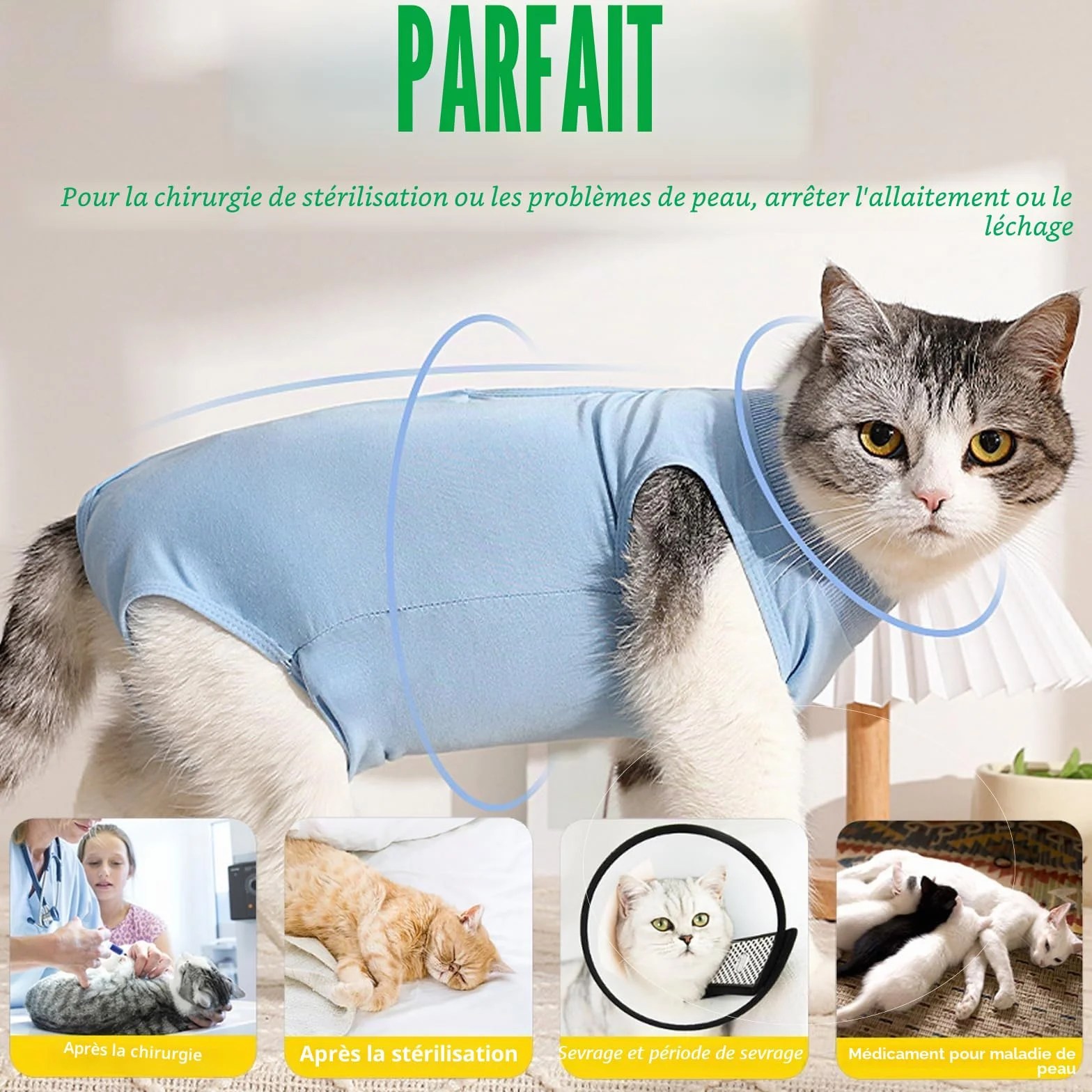 Combinaisons de Récupération pour Chat, Vêtement Post-Opératoire pour Chats Femelles, Tissu Modal Doux, Rose & Bleu, Taille M (2-4KG)