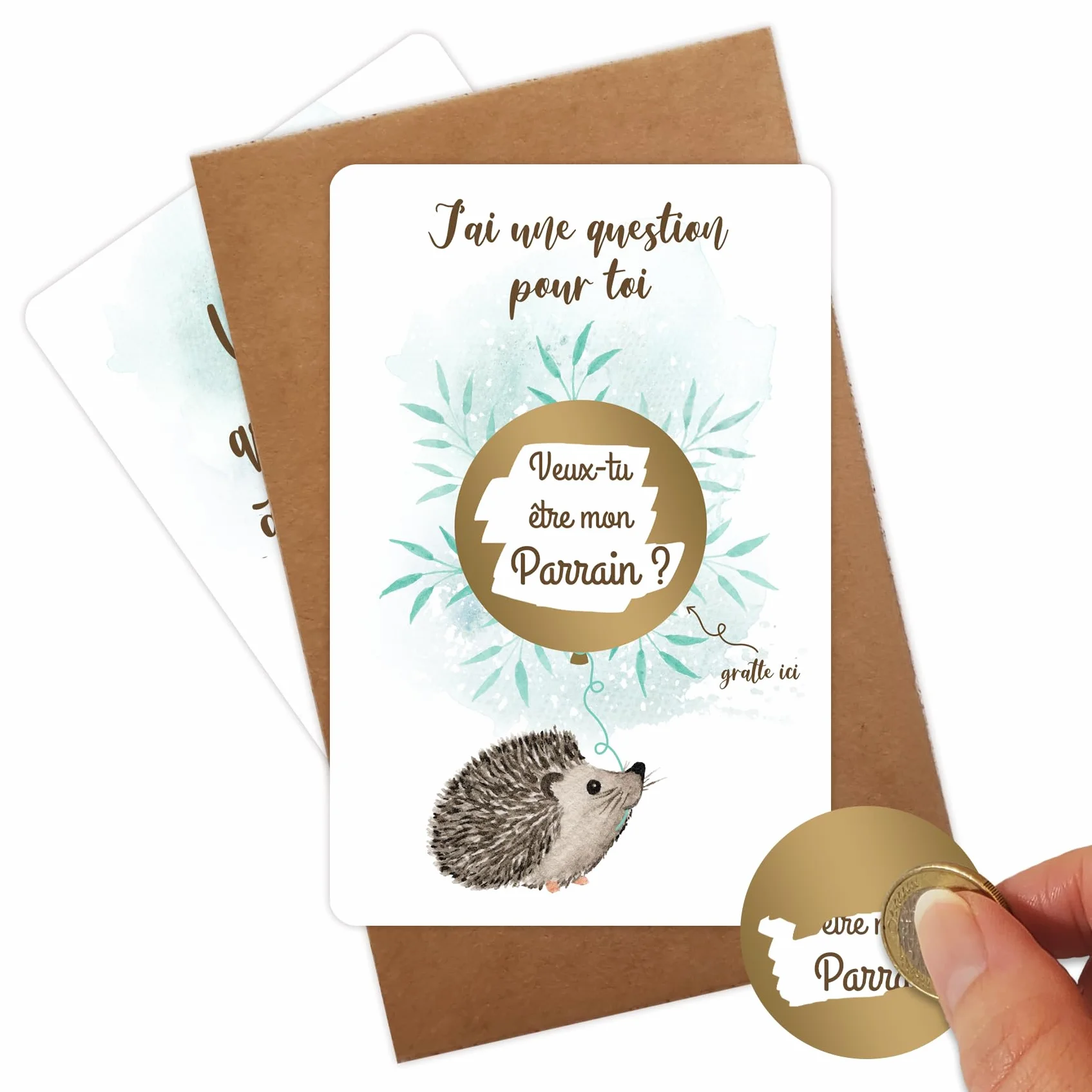 Carte à gratter Parrain thème hérisson avec enveloppes