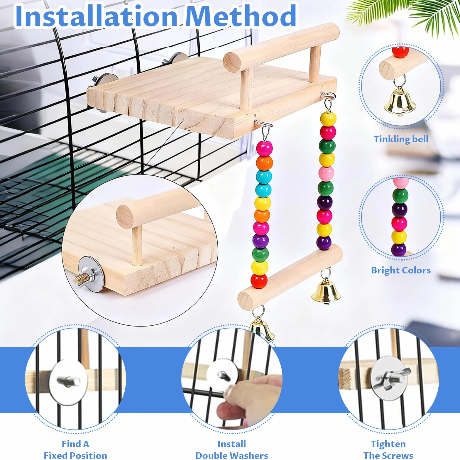 Perchoir Perroquet en Bois ZhouWei, Jouet Oiseaux avec Balançoire pour Cage, Accessoire Calopsittes Inséparables Canaris