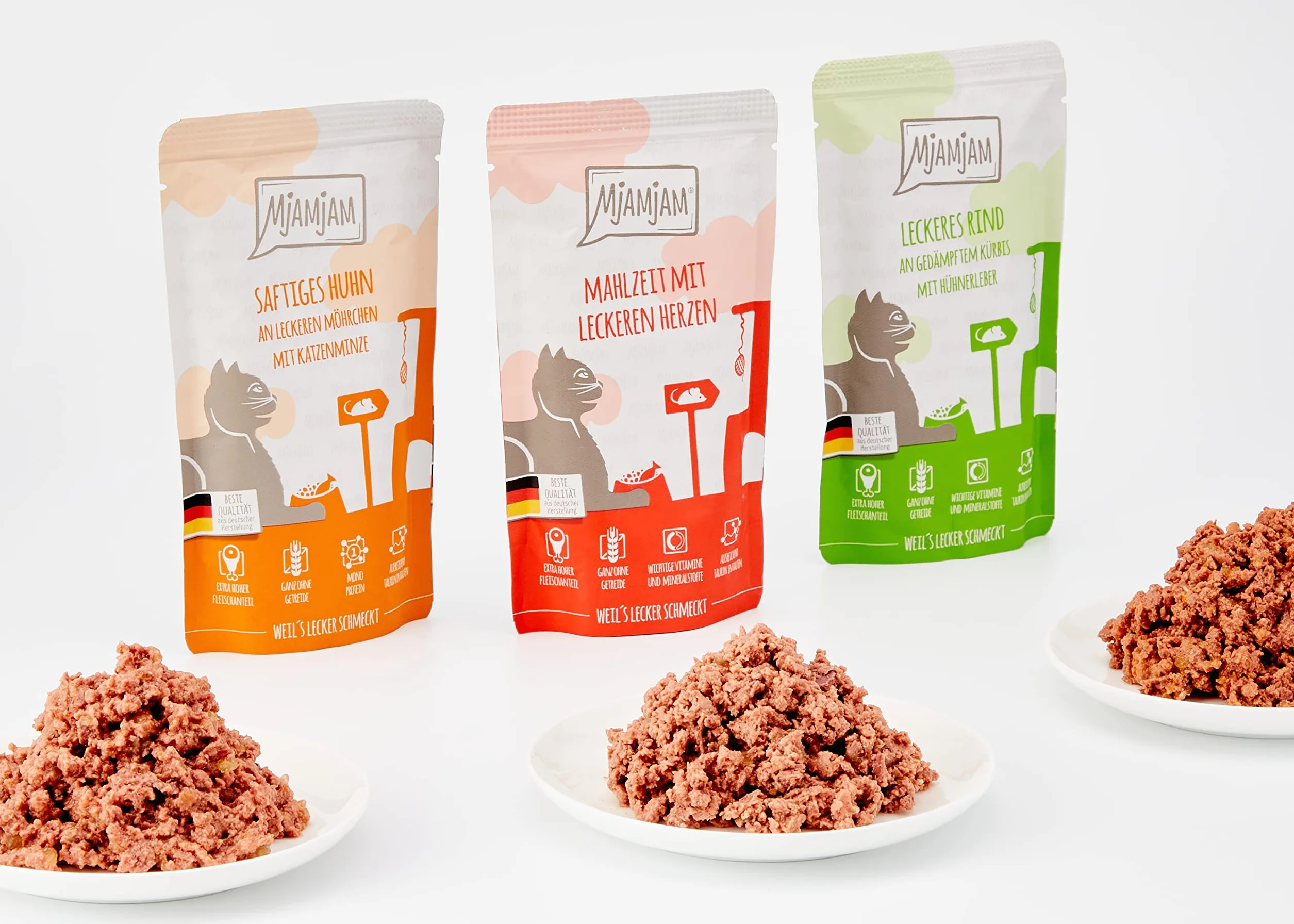 MjAMjAM nourriture humide pour chats emballage mixte poulet bœuf cœurs 12 x 125 g sans céréales
