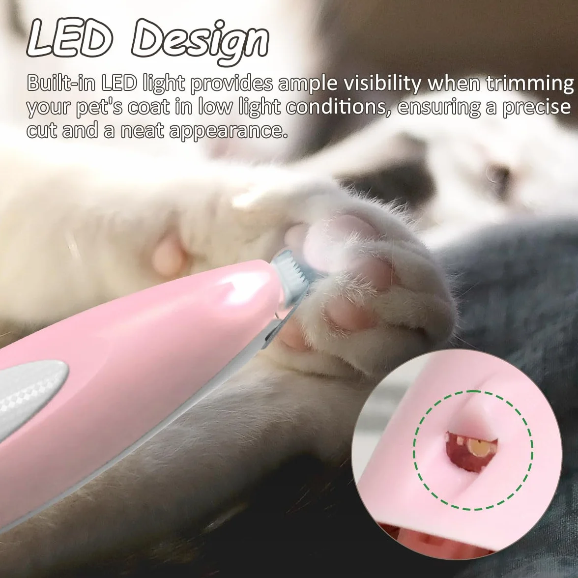 Tondeuse Chat Chien Rechargeable USB Faible Bruit Lumière LED Rose Toilettage Pattes Oreilles Croupe