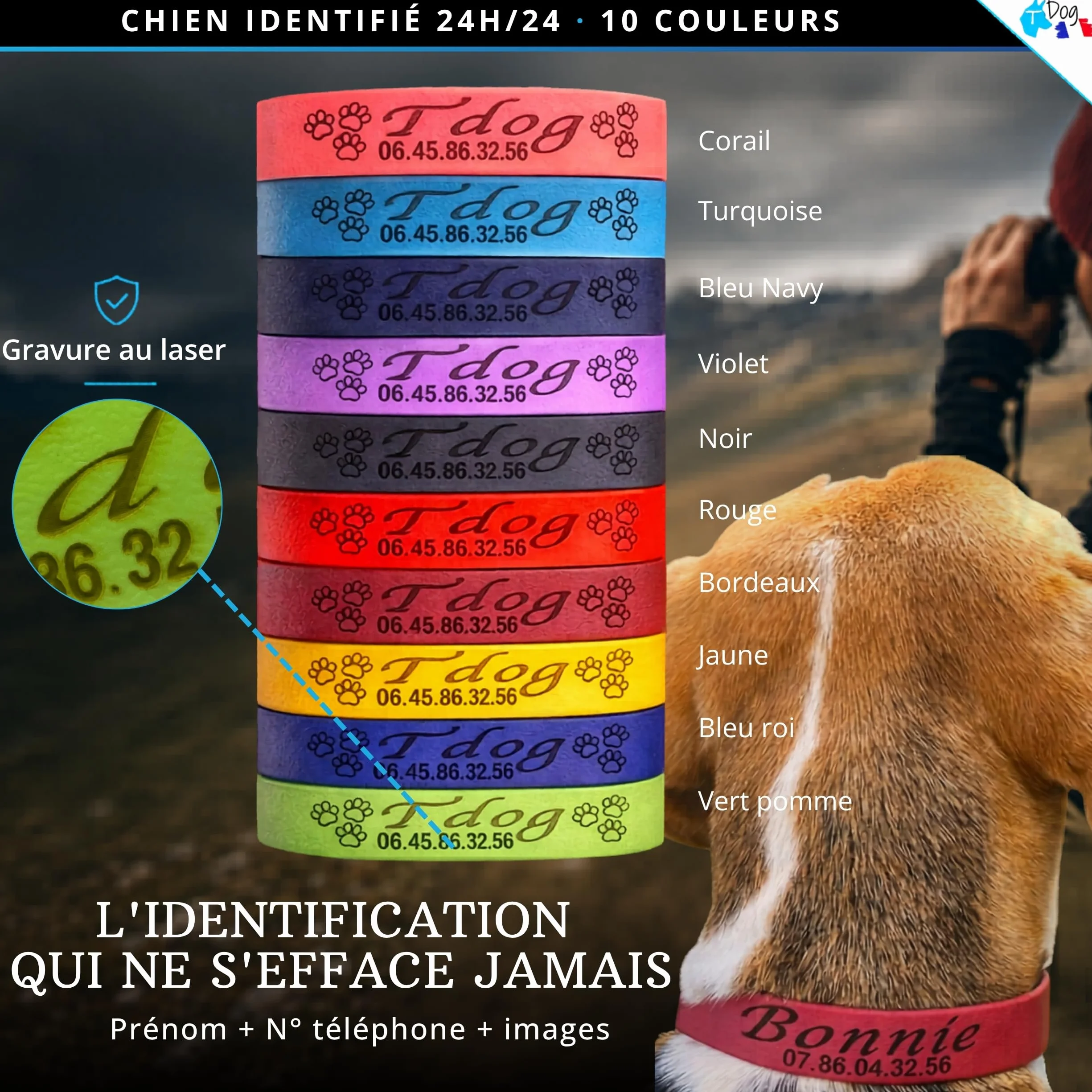 Collier Chien personnalisé Biothane Fait Main France gravé au Laser prénom numéro téléphone étanche résistant TDOG Rouge