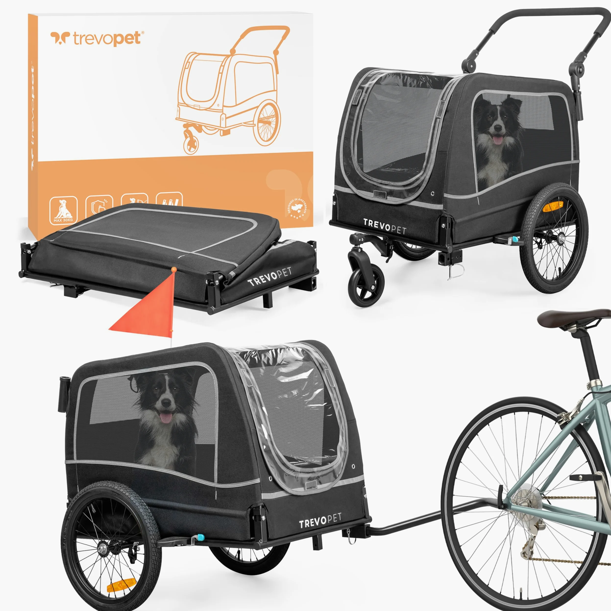 Remorque Vélo Chien 2-en-1 – Poussette et Chariot Pliable avec Coussin – Carriole étanche Jusqu’à 30 kg – Compatible avec vélos électriques – Noir