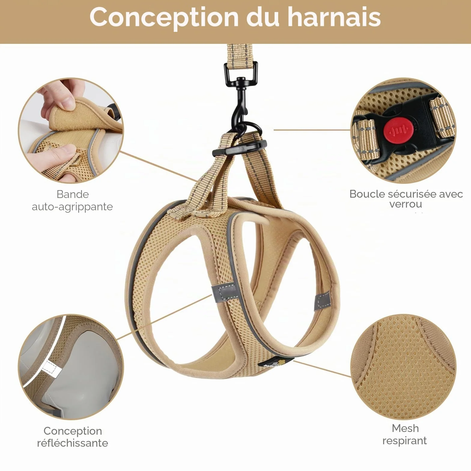 Harnais Anti-Traction pour Petit Chien et Chiot avec Laisse, Ajustable Sans Étranglement, Maille Aérée, Bande Réfléchissante, Kaki, Taille S