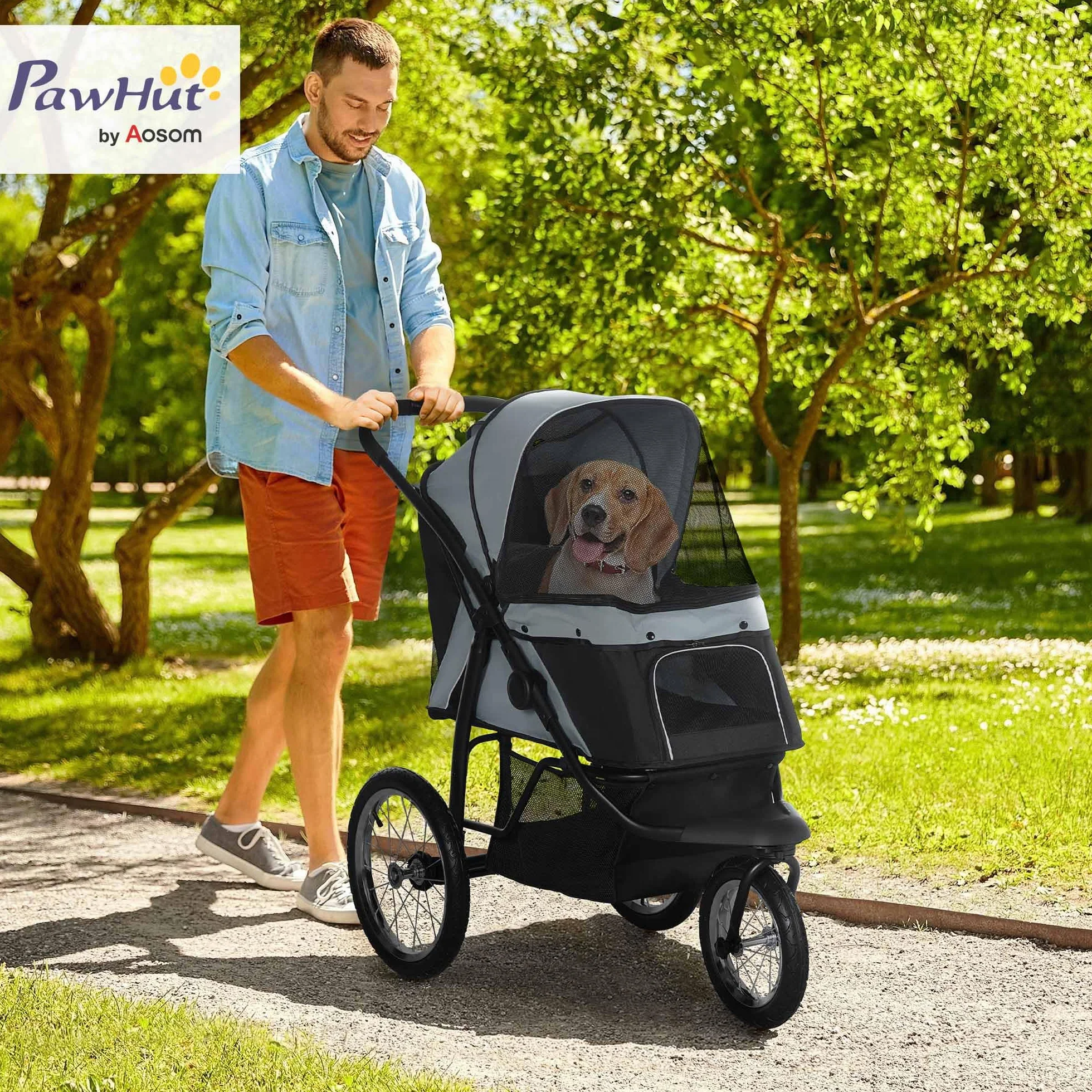 PawHut poussette pliante pour chien et chat avec réflecteurs, protection solaire, fenêtre en filet, panier de rangement