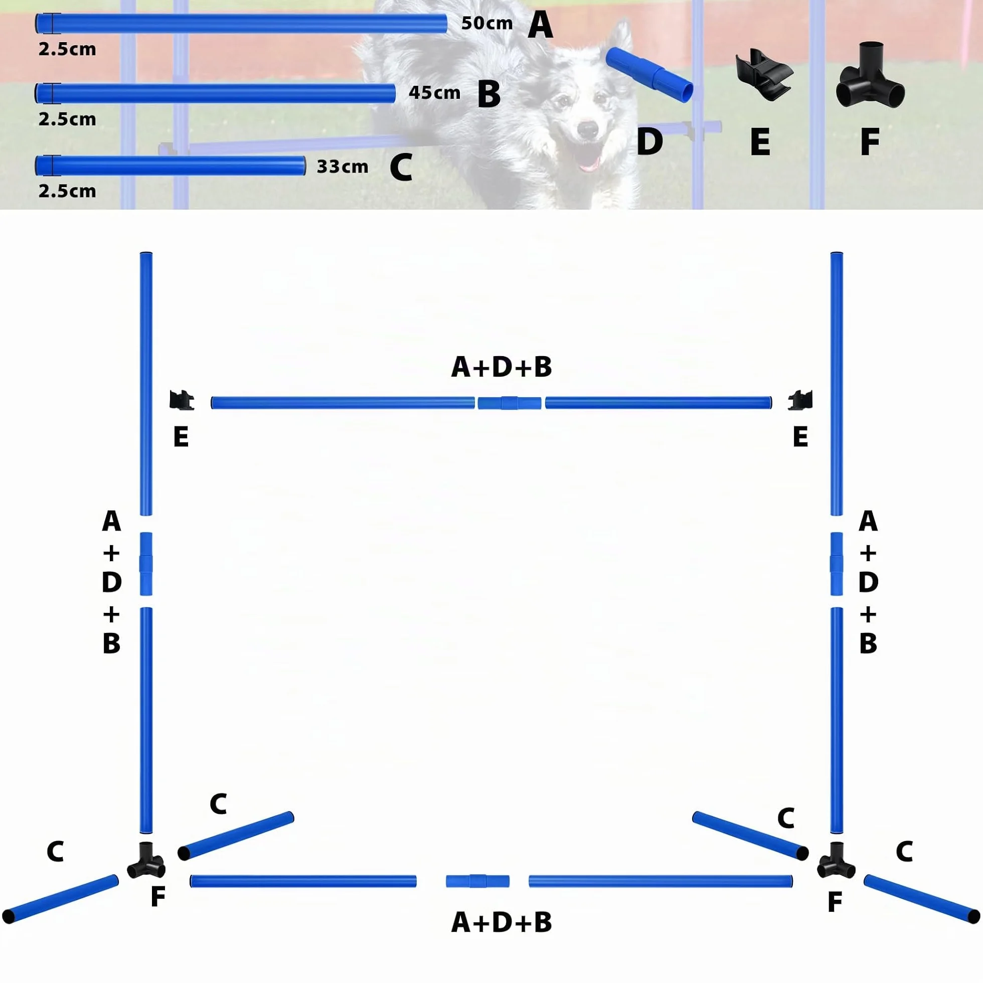 Ensemble d'obstacles d'agilité pour chien, set de 4 tiges de slalom, hauteur réglable, plastique, bleu