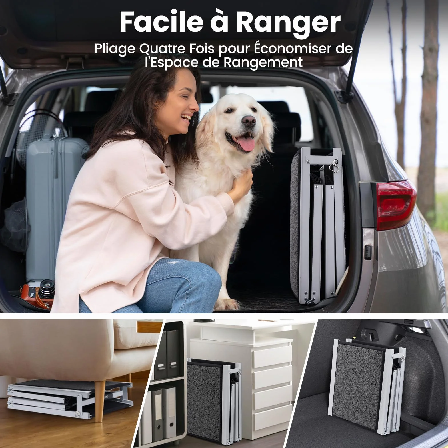 Rampe de Voiture Pliable pour Chien 170 x 44cm, Rampe Portable d'Accès Chien avec Surface Antidérapante, Cadre en Aluminium, Dog Ramp pour Camion Lit Voiture SUV, Légère et Facile à Ranger