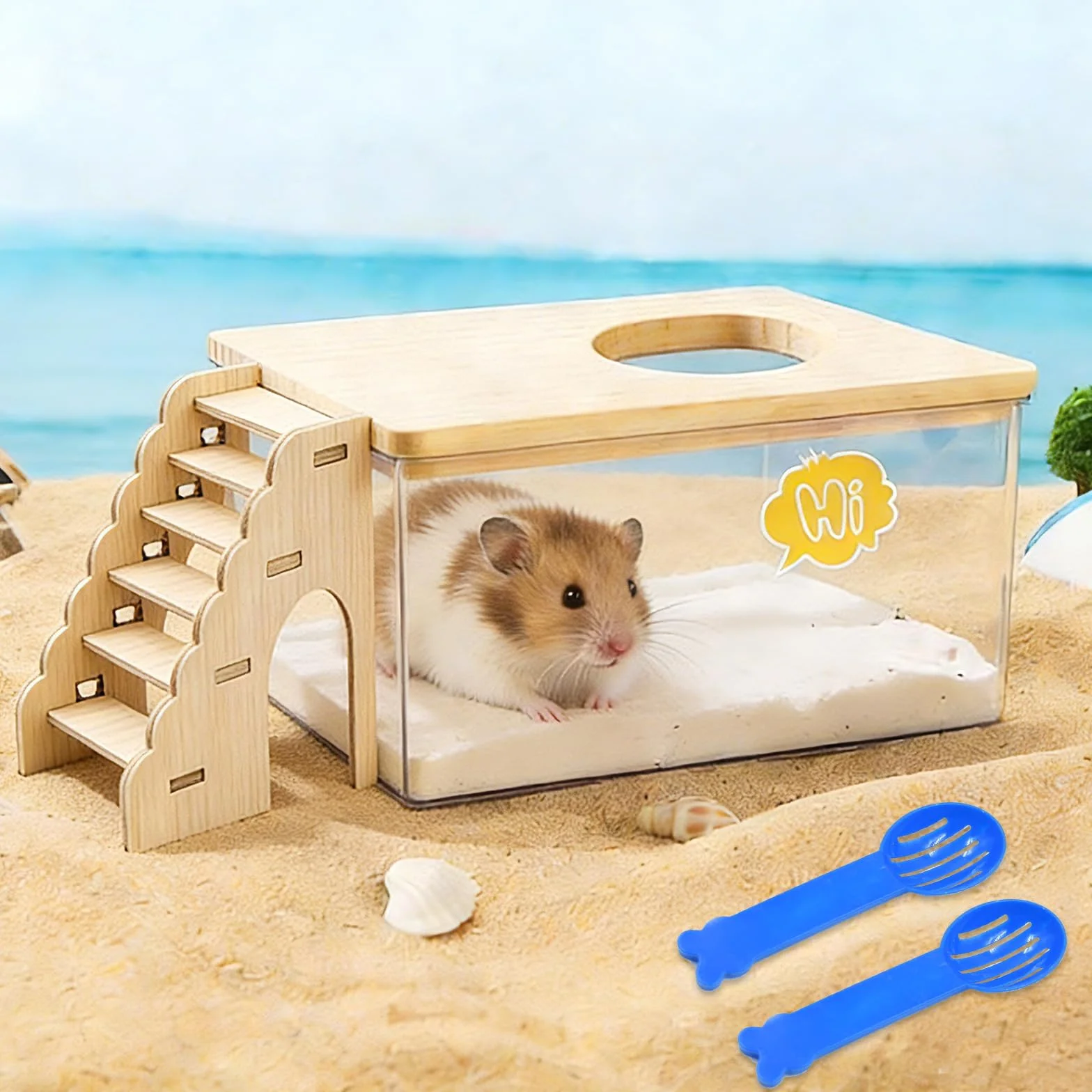 Maison De Toilette Hamster 18,5x12,5x8,5cm Acrylique Transparent avec Échelle et Pelle Salle Bain Hamster