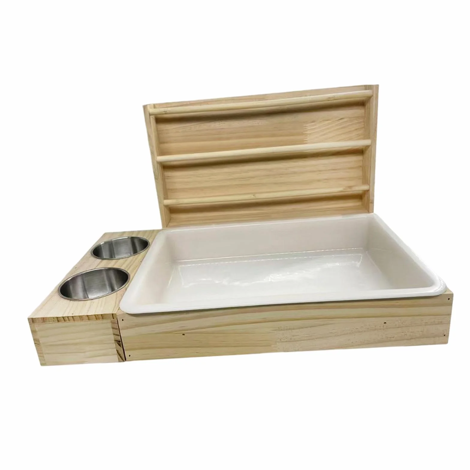 Râtelier à Foin en Bois 3 en 1 pour Lapin, Mangeoire avec Bols, Accessoire Cage