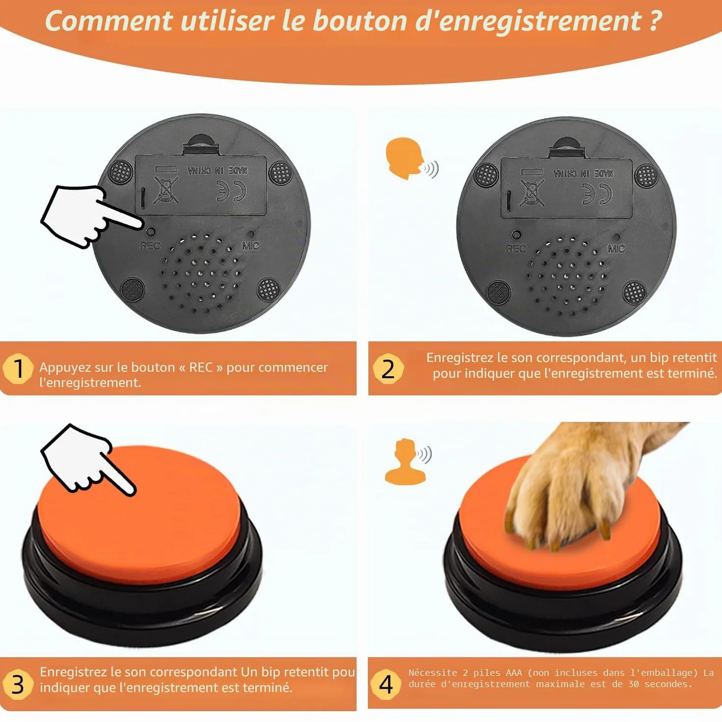 4 Boutons de Communication pour Chien, Boutons enregistrables, Boutons pour Chiens, 4 Boutons, 1 Tampon en Caoutchouc, 50 Autocollants, entraînez Votre Chien à Parler