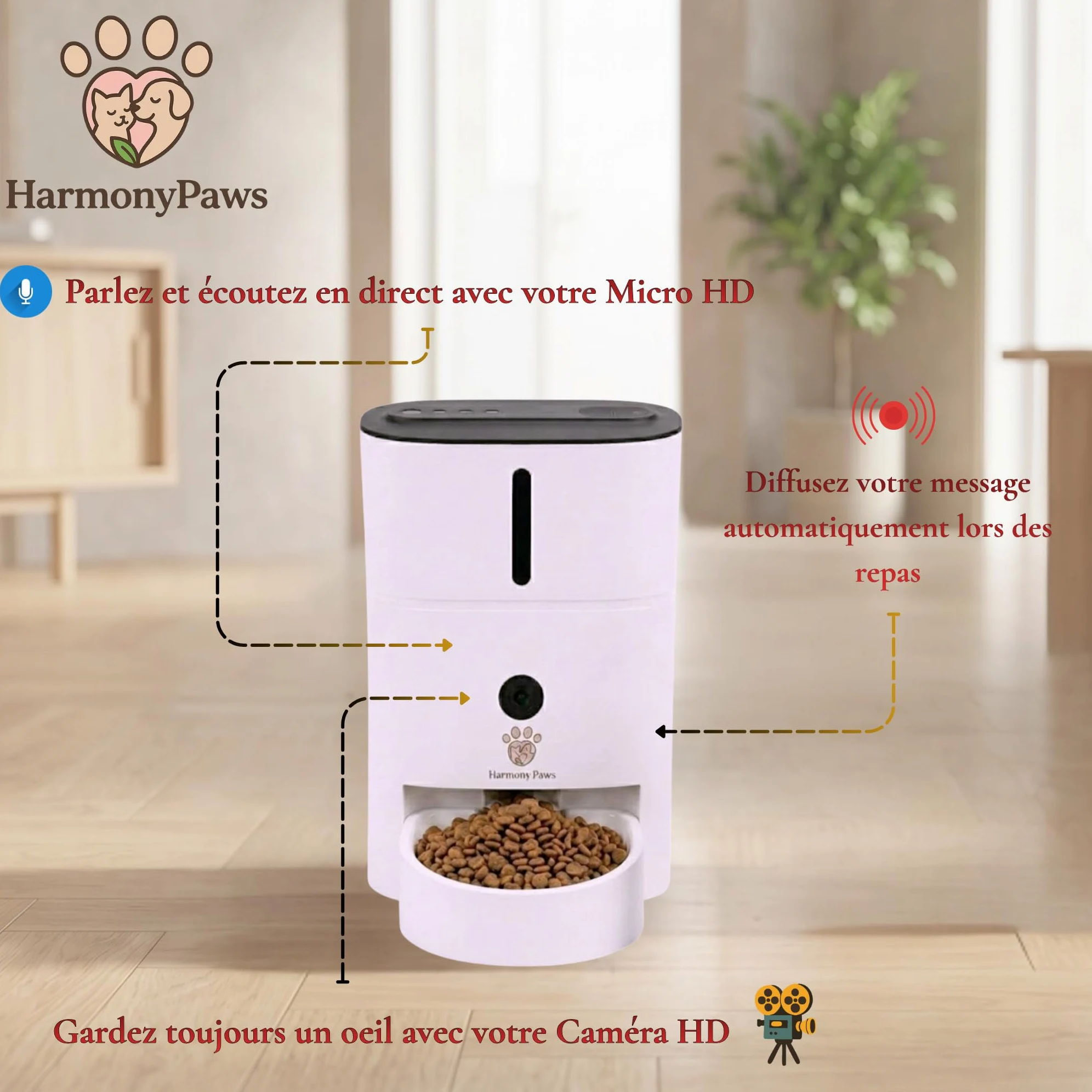 HarmonyPaws Distributeur de Croquette prenium Automatique connecté Smartlife WiFi avec caméra Haute définition à détecteur de Mouvement et Micro intégré