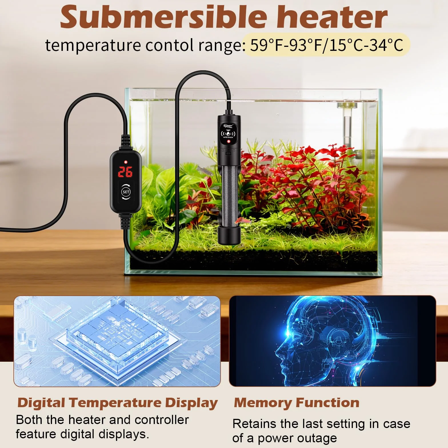 hygger Mini Chauffage Aquarium 50W, Submersible Chauffages pour Aquarium avec Contrôleur de la Température Aquarium Heater de Tortue pour 19 à 38 litres