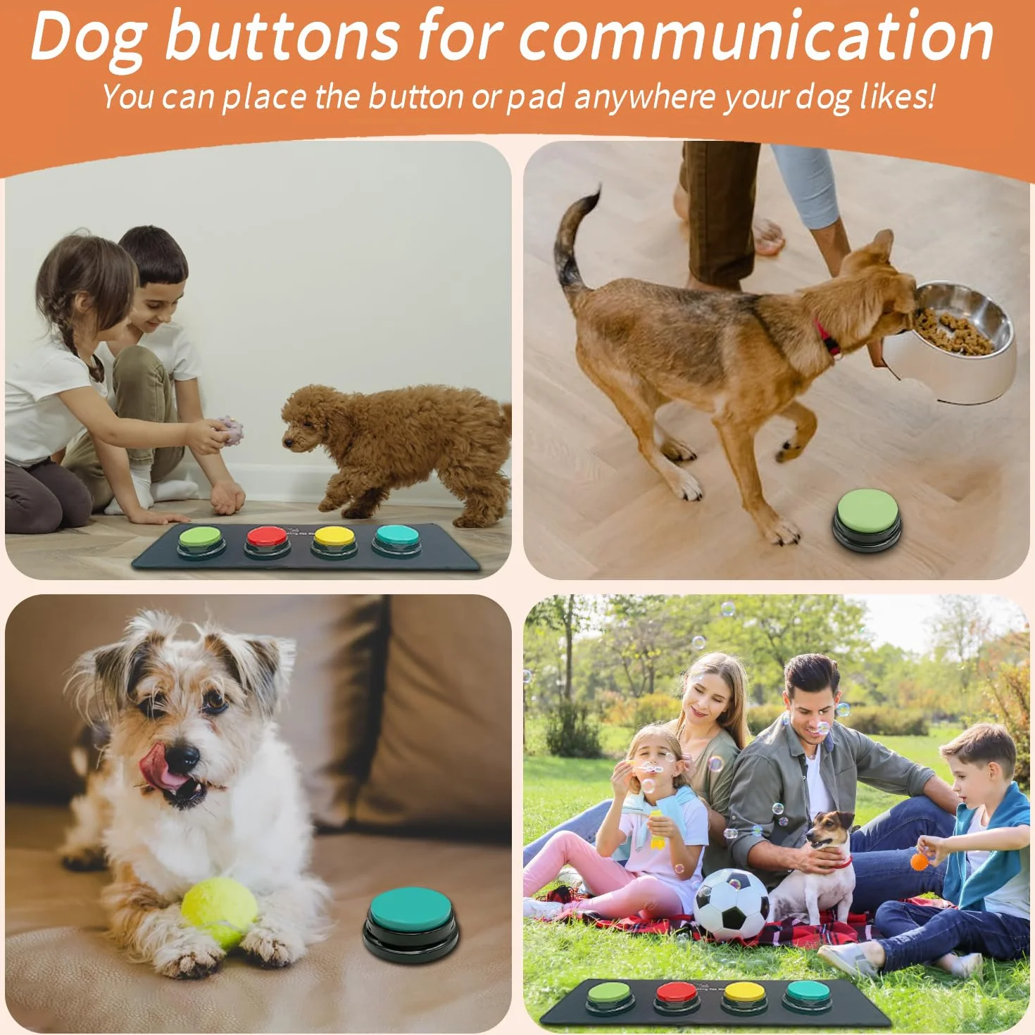 4 Boutons de Communication pour Chien, Boutons enregistrables, Boutons pour Chiens, 4 Boutons, 1 Tampon en Caoutchouc, 50 Autocollants, entraînez Votre Chien à Parler