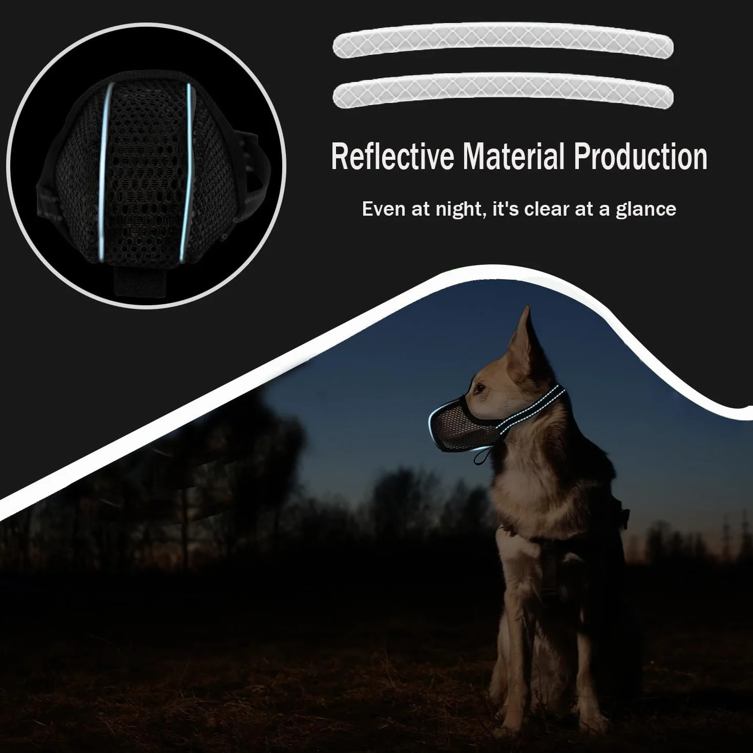 Museliere pour Chien， Empêche de Mâcher/Manger/Mordre Couvre, Muselière Respirante, Réfléchissante et Ajustable pour Museliere Chien(Noir_M)