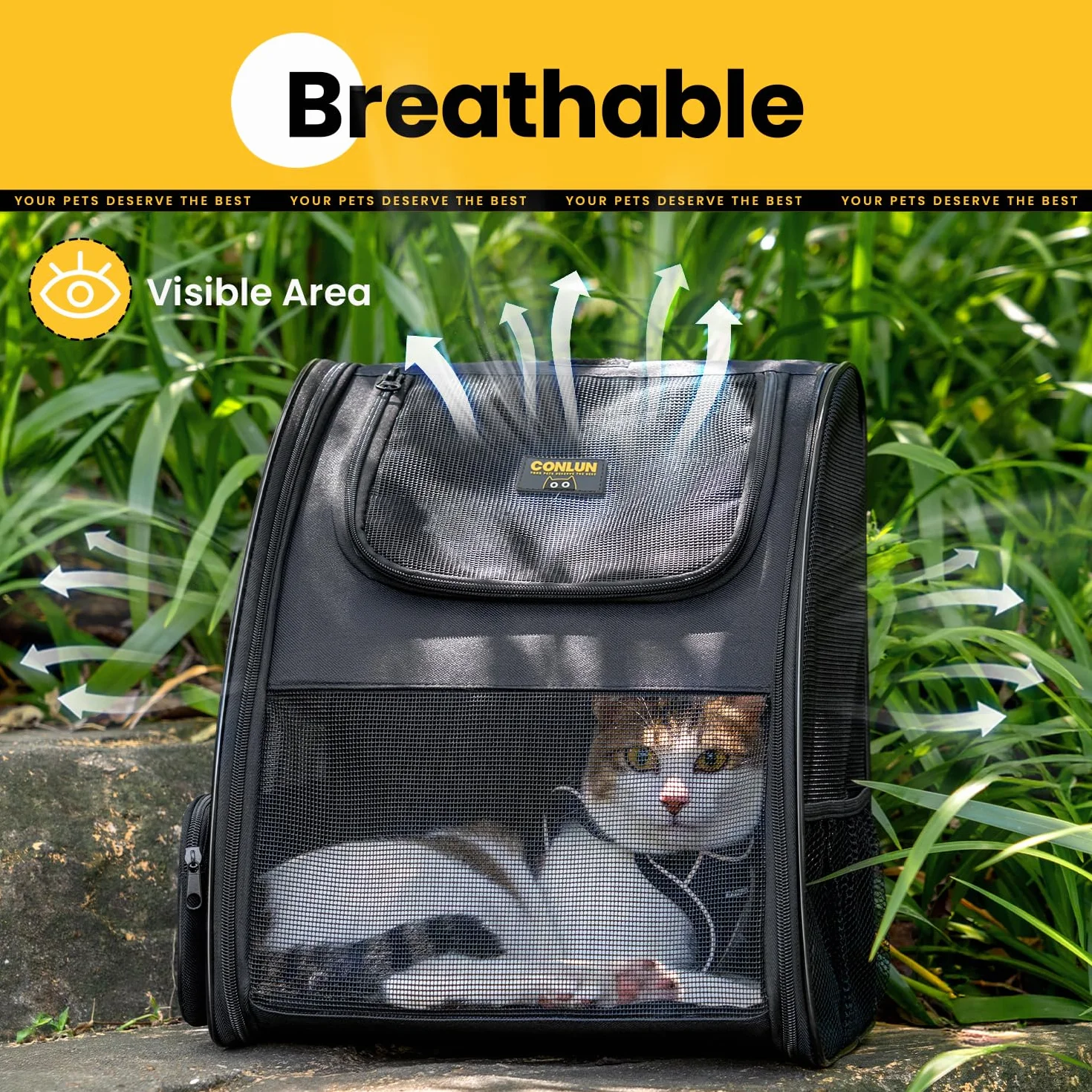Conlun Sac à Dos Transport Chat Chien jusqu'à 7kg Pliable Fenêtres Maille 3 côtés Voyages Randonnées Noir