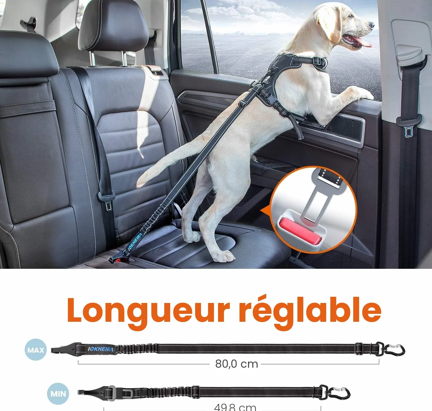 IOKHEIRA Ceinture Sécurité Chien, Harnais Voiture Réglable Nylon Durable Antichoc pour Chien Chat